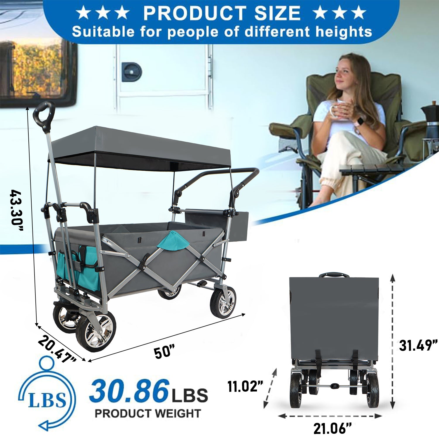 Push & Pull Utility Folding Wagon With Removable Canopy Gray Oxford Fabric Metal