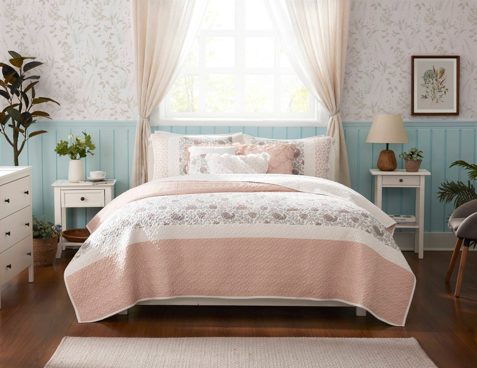 6 Piece Cotton Percale Quilt Set With Throw Pillows Blush King Cal King King Blush Polyester