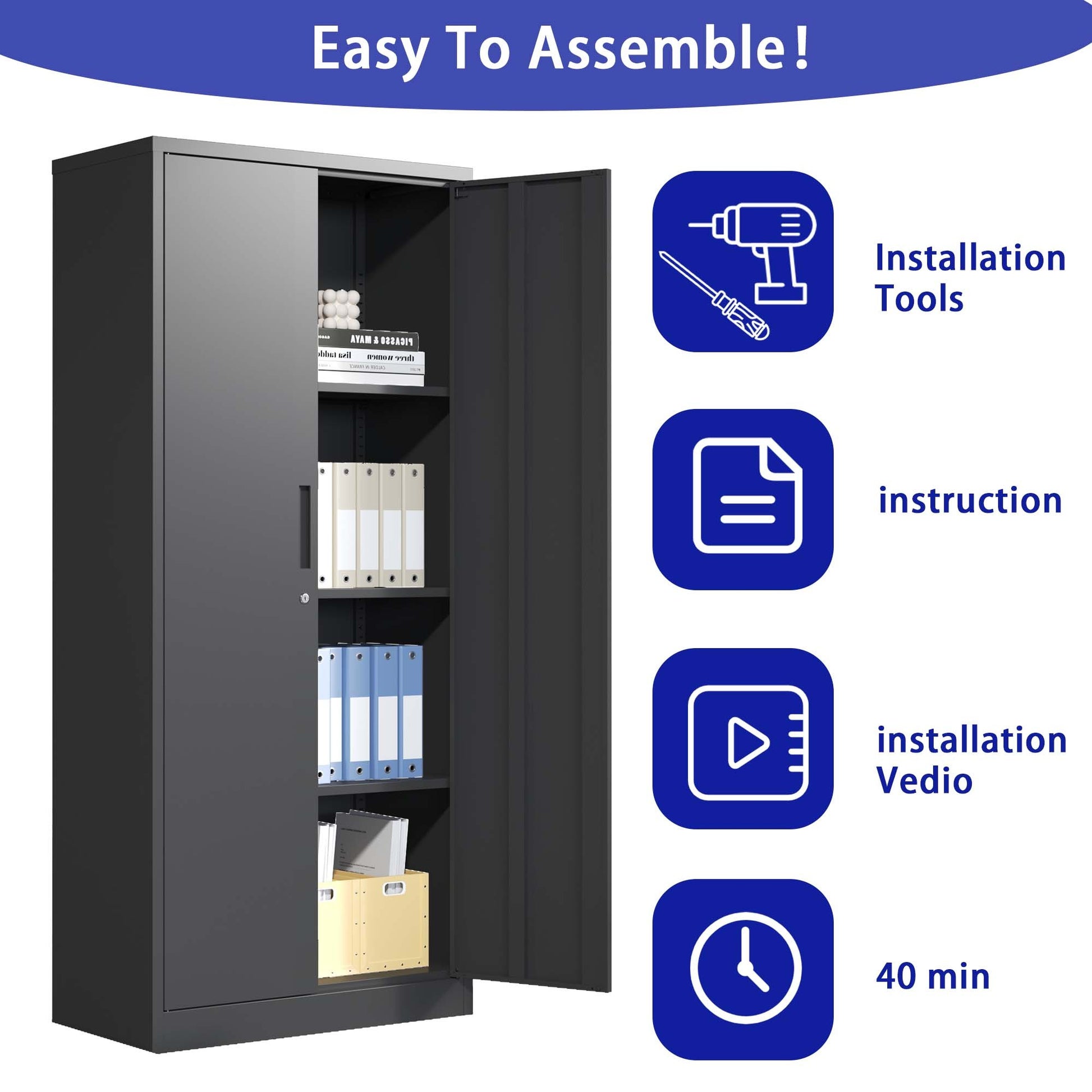 71"H Metal Garage Storage Cabinet, Black Tool Steel Locking Cabinet With Doors And 3 Shelves, Tall Cabinets For Garage Storage Systems Lockable File Cabinet For Home Office, Classroom Pantry Filing Cabinets 3 4 Shelves Black Office Adjustable Shelves