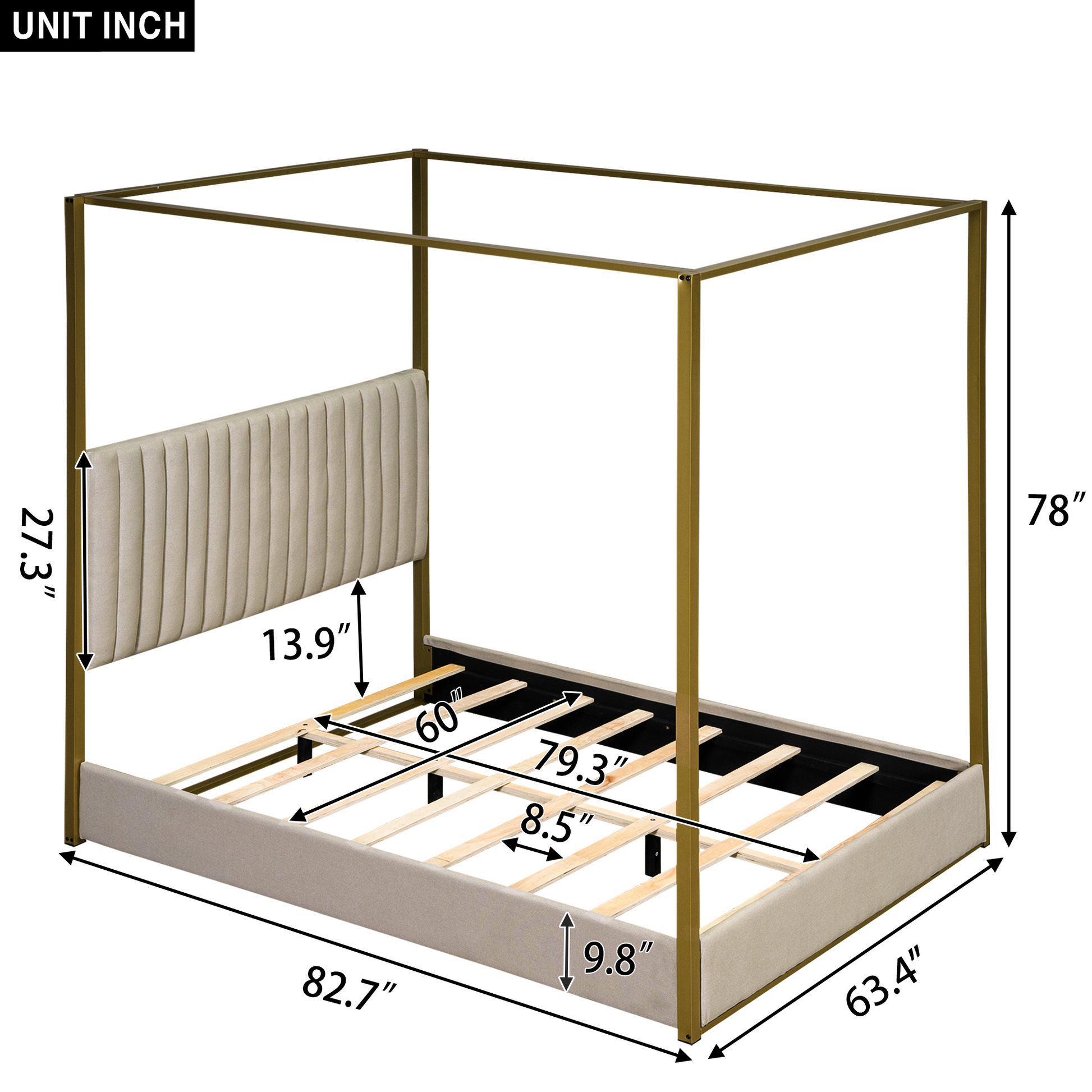 Queen Size Upholstery Canopy Platform Bed With Headboard And Metal Frame, Beige Box Spring Not Required Queen Beige Wood Linen Upholstered