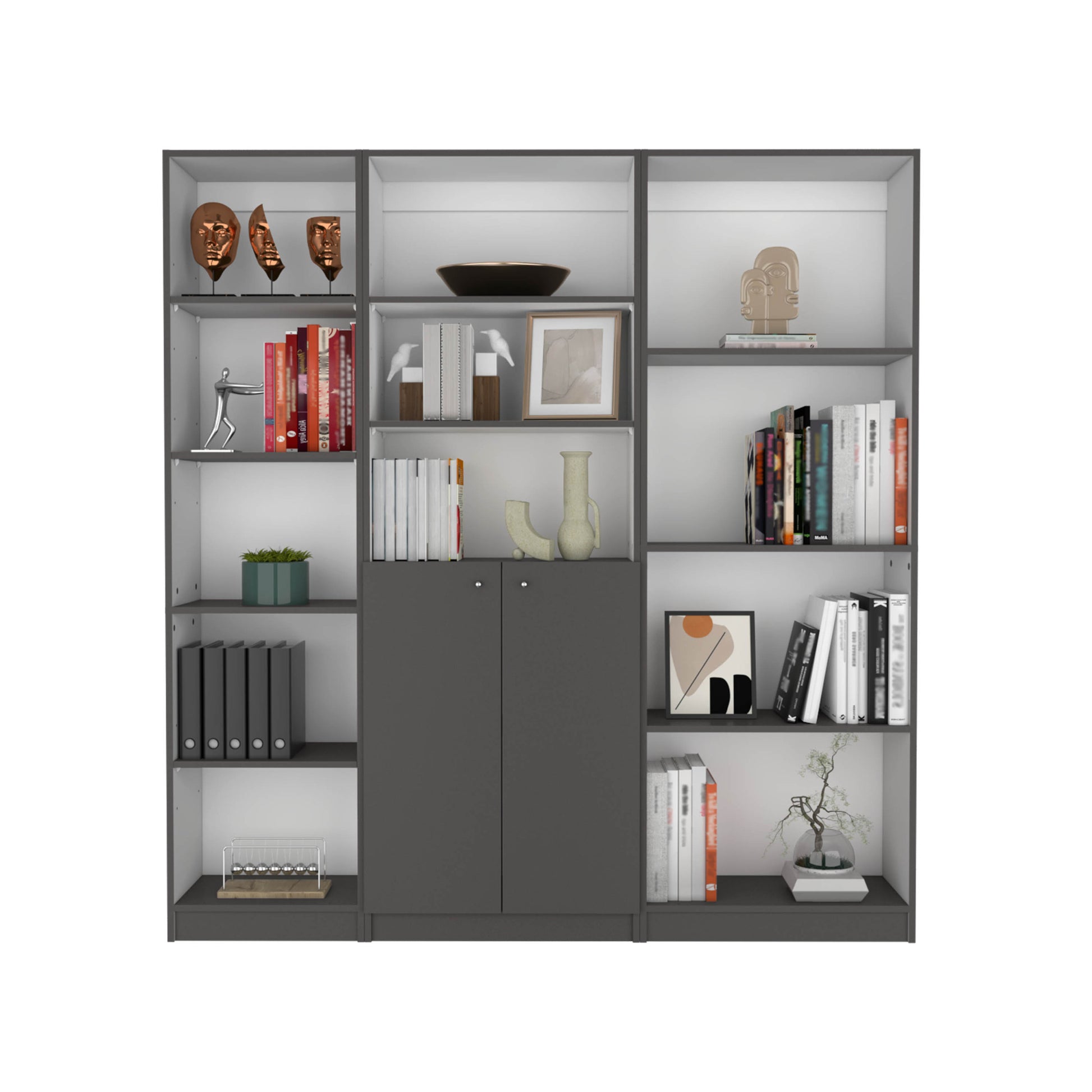 Poole 3 Piece Home Bookcase Set, 67" Wide With 12 Shelves And 2 Door Cabinetliving Room Set Matt Gray White Freestanding 5 Or More Shelves Gray White Matte,Multicolor Office Open Storage Space Modern Particle Board