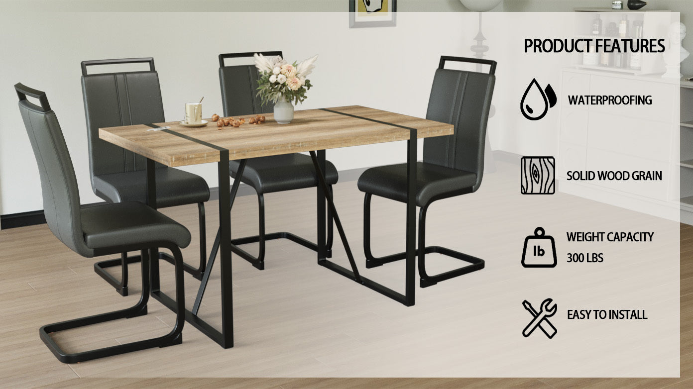 55 " Rural Industrial Rectangular Mdf Wood Dining Table Set And Pu Armless Dining Chair Set 4,Kitchen Black Metal Table Legs Dining Table And Chair Set Wood Seats 4 Mdf