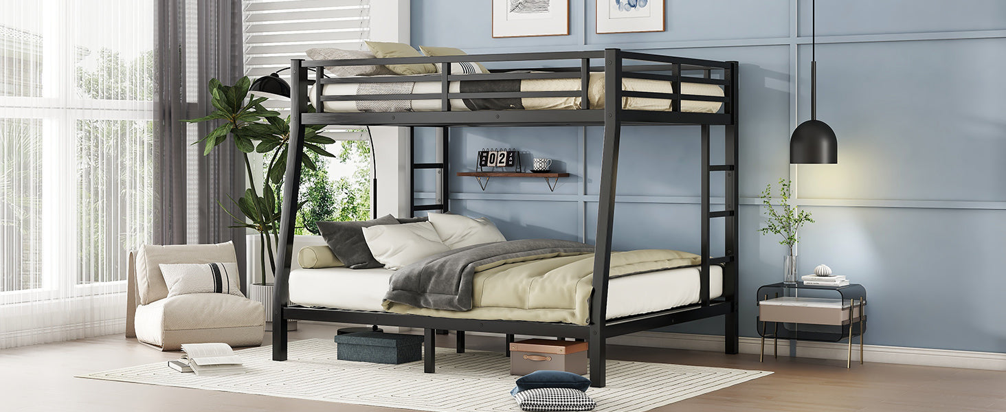 Metal Full Xl Over Queen Bunk Bed For Teens And Adults,Space Saving Noise Reduced No Box Spring Needed,Black Full Xl Black Metal