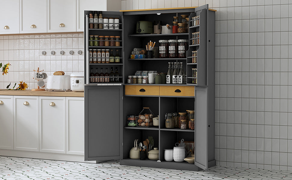 Assembly 40.2X20X71.3Inch High Freestanding Kitchen Pantry Large Cupboard Storage Cabinet With 2 Drawers, 2 Adjustable Shelves, 8 Door Shelves For Kitchen, Dining Room,Gray Gray Kitchen Farmhouse