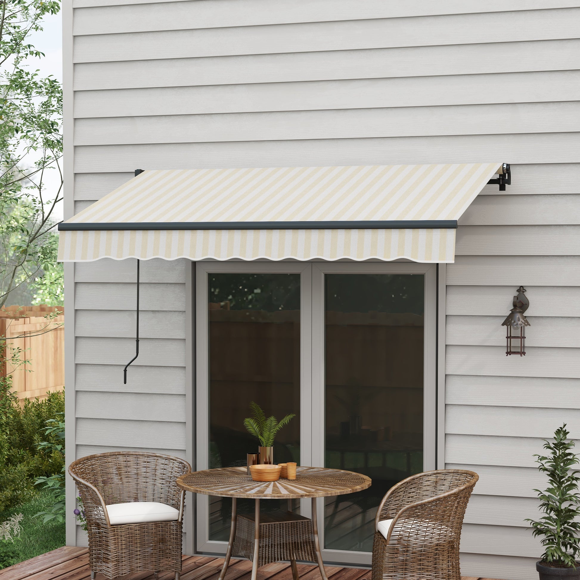 Outsunny 8' X 6.5' Retractable Awning, Patio Awning Sunshade Shelter With Manual Crank Handle, 280Gsm Uv Resistant Fabric And Aluminum Frame For Deck, Balcony, Yard, Beige And White Beige Polyester