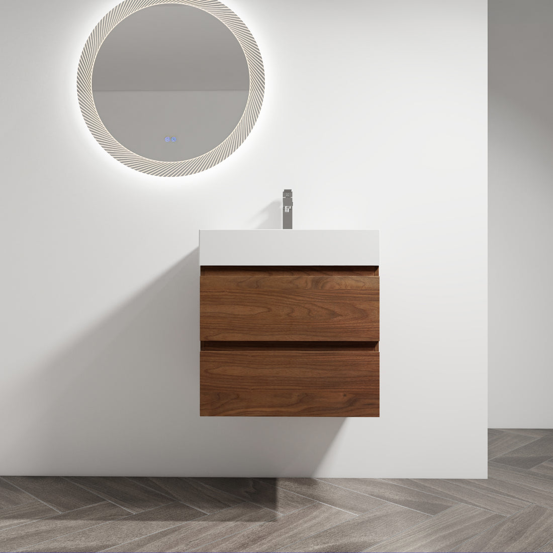 24" Wall Mounted Bathroom Vanity With Resin Sink, 2 Soft Close Drawers, Kd Package 2 Brown Oak Bathroom Wall Mounted Modern Plywood