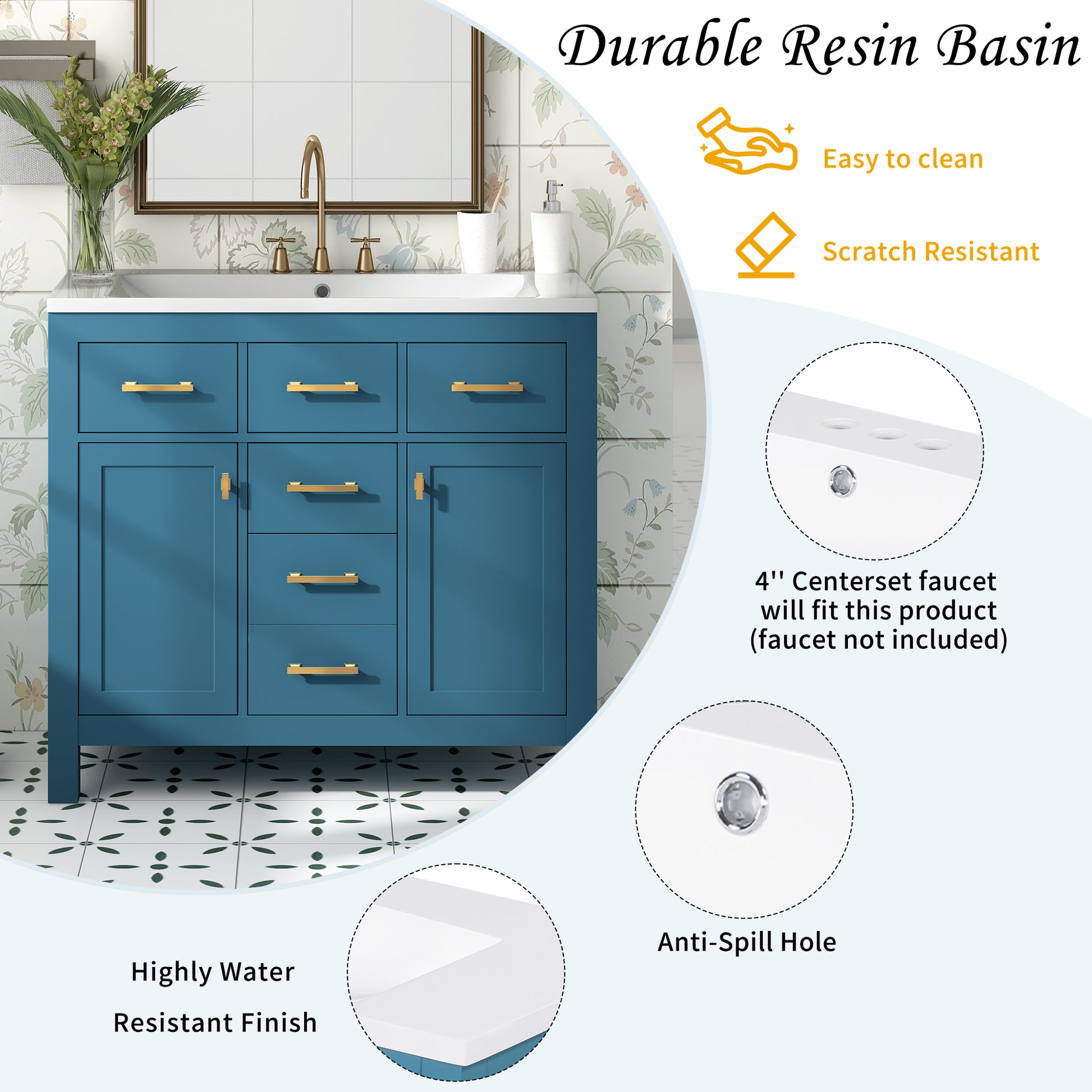 36'' Bathroon Vanity With Resin Sink Combo Set,Modern Freestanding Single Bathroom Cabinet With 4 Drawers & 2 Cabinets,Storage Cabinet For Bathroom, Solid Wood Frame Vanity Set, Blue 4 Blue 2 Adjustable Hinges Bathroom Freestanding Modern Solid Wood Mdf