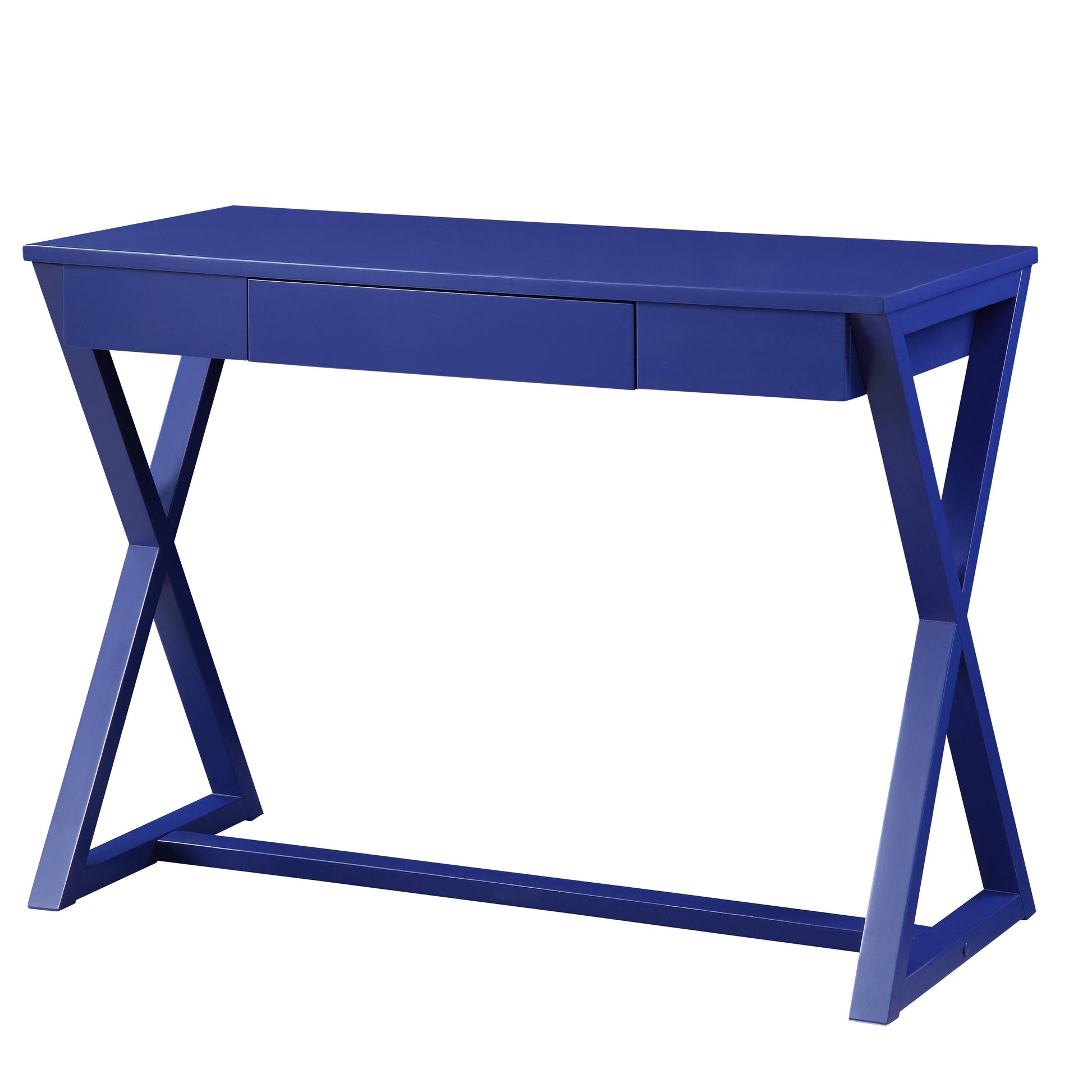 Twilight Blue 1 Drawer Writing Desk With X Shaped Base Blue Writting Desk Office Freestanding Poplar Rectangular Drawers Desk Wood Sled