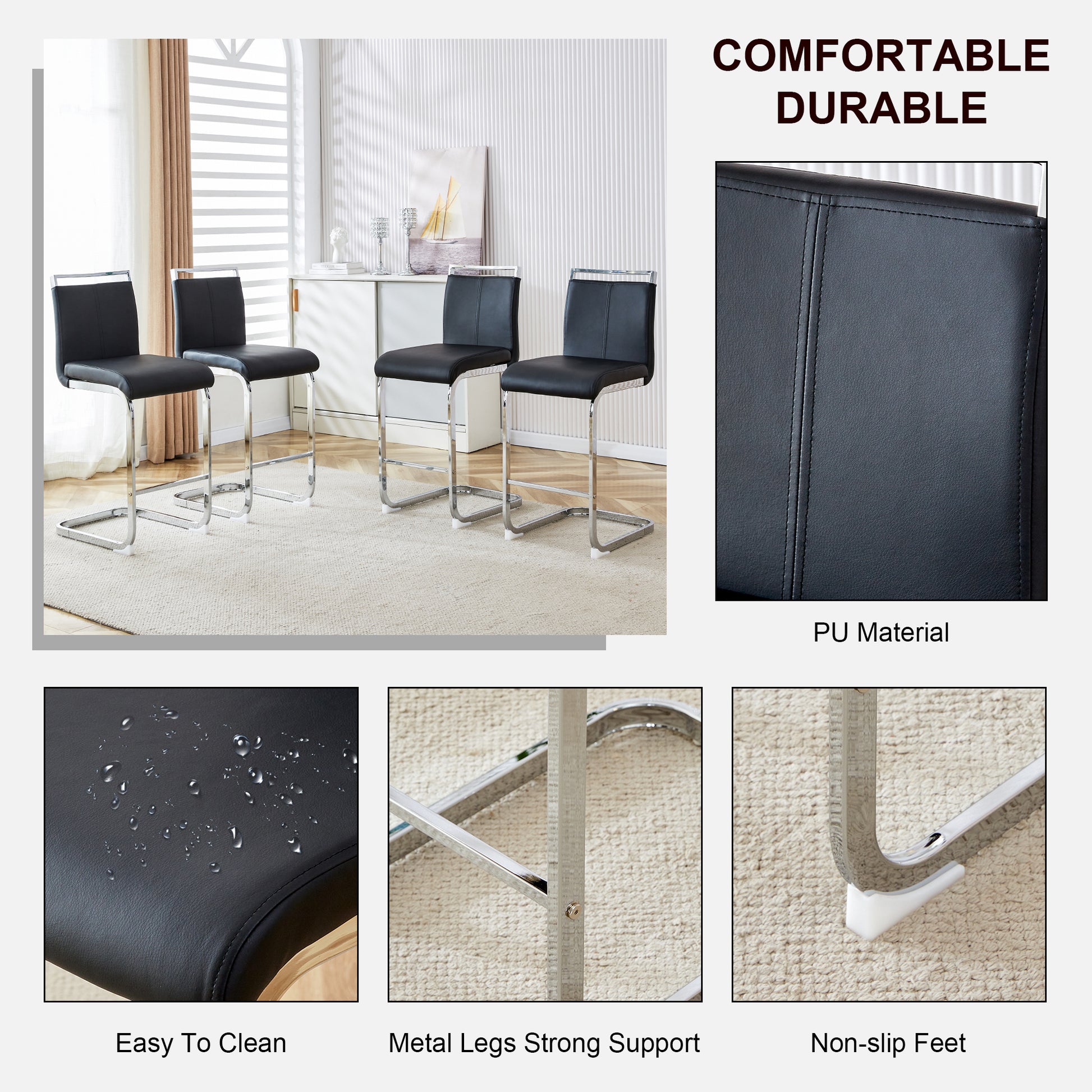 Table And Chair Set. A Rectangular Glass Dining Table With A 0.4 Inch Tempered Glass Tabletop And Mdf Board V Shaped Bracket, Paired With 2 Chairs Consisting Of Pu Seat Cushions And Silver Metal Legs. Black Seats 2 Tempered Glass