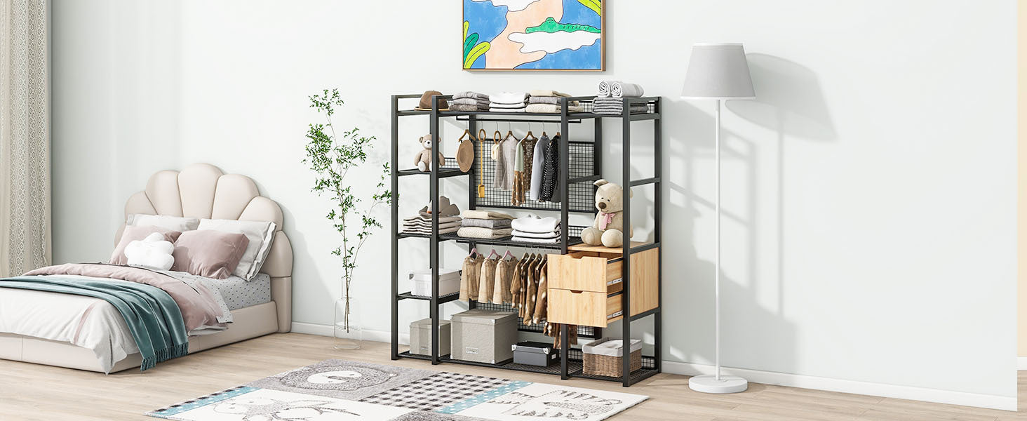 Open Style Wardrobe With Hanging Rails, Shelves And Drawers, Black Black Metal & Wood