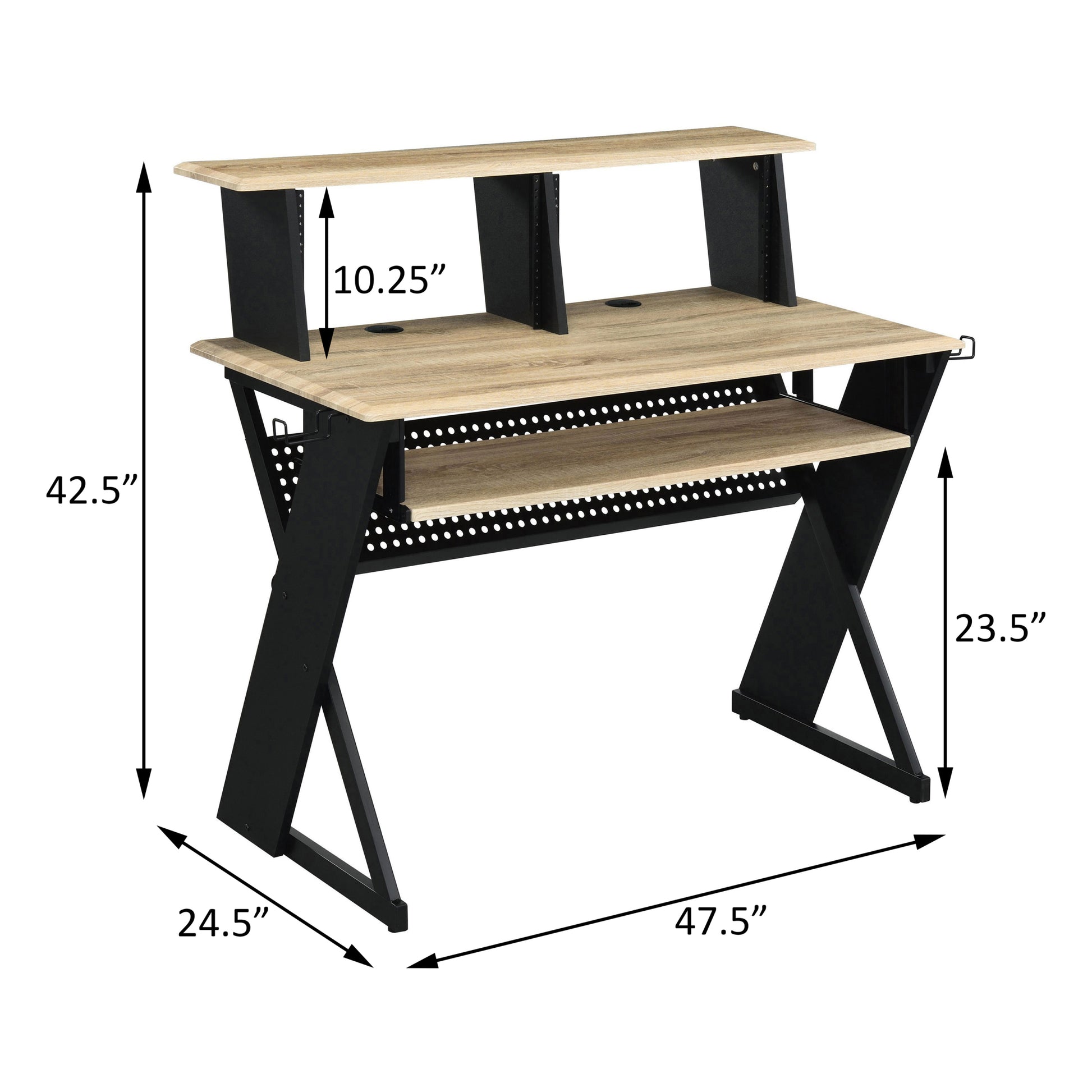 Natural And Black Music Desk With Cord Managements Natural Black Computer Desk Office Rectangular Shelves Desk Wood Metal Sled