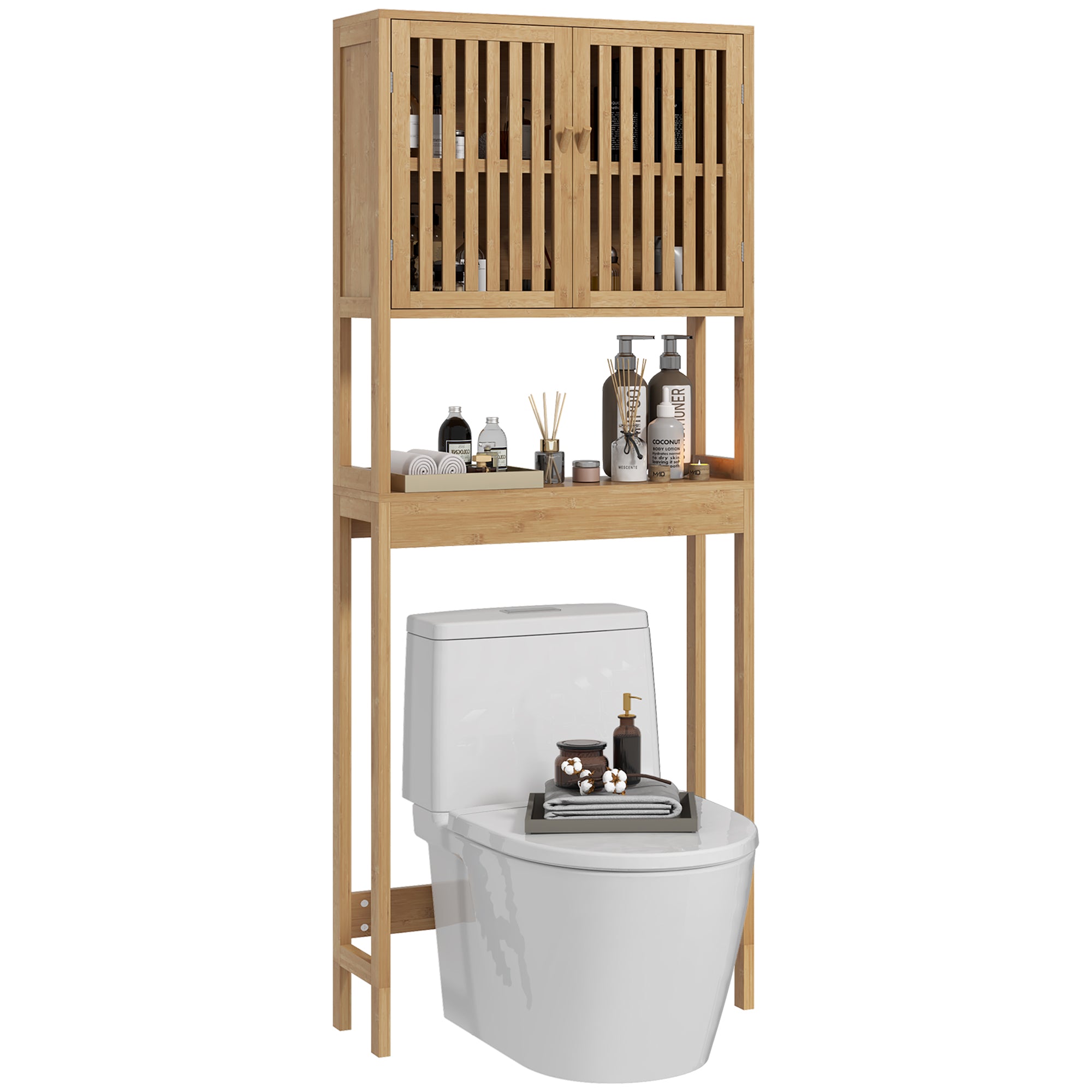 Homcom Bamboo Over The Toilet Storage Cabinet, Over Toilet Bathroom Organizer With Slatted Doors, Adjustable Shelf And Open Shelf, Natural Natural Wood Bamboo