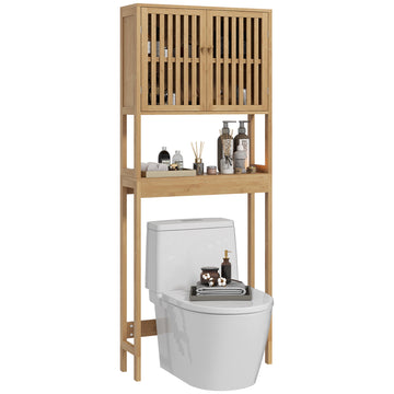 Homcom Bamboo Over The Toilet Storage Cabinet, Over Toilet Bathroom Organizer With Slatted Doors, Adjustable Shelf And Open Shelf, Natural Natural Wood Bamboo