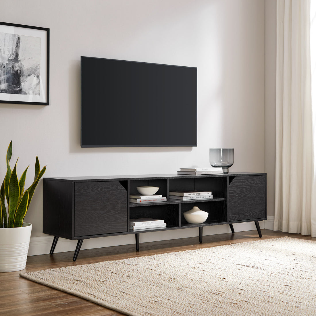 Contemporary 2 Door Minimalist Tv Stand For Tvs Up To 80 Inches Black Black 80 89 Inches Mdf Mdf