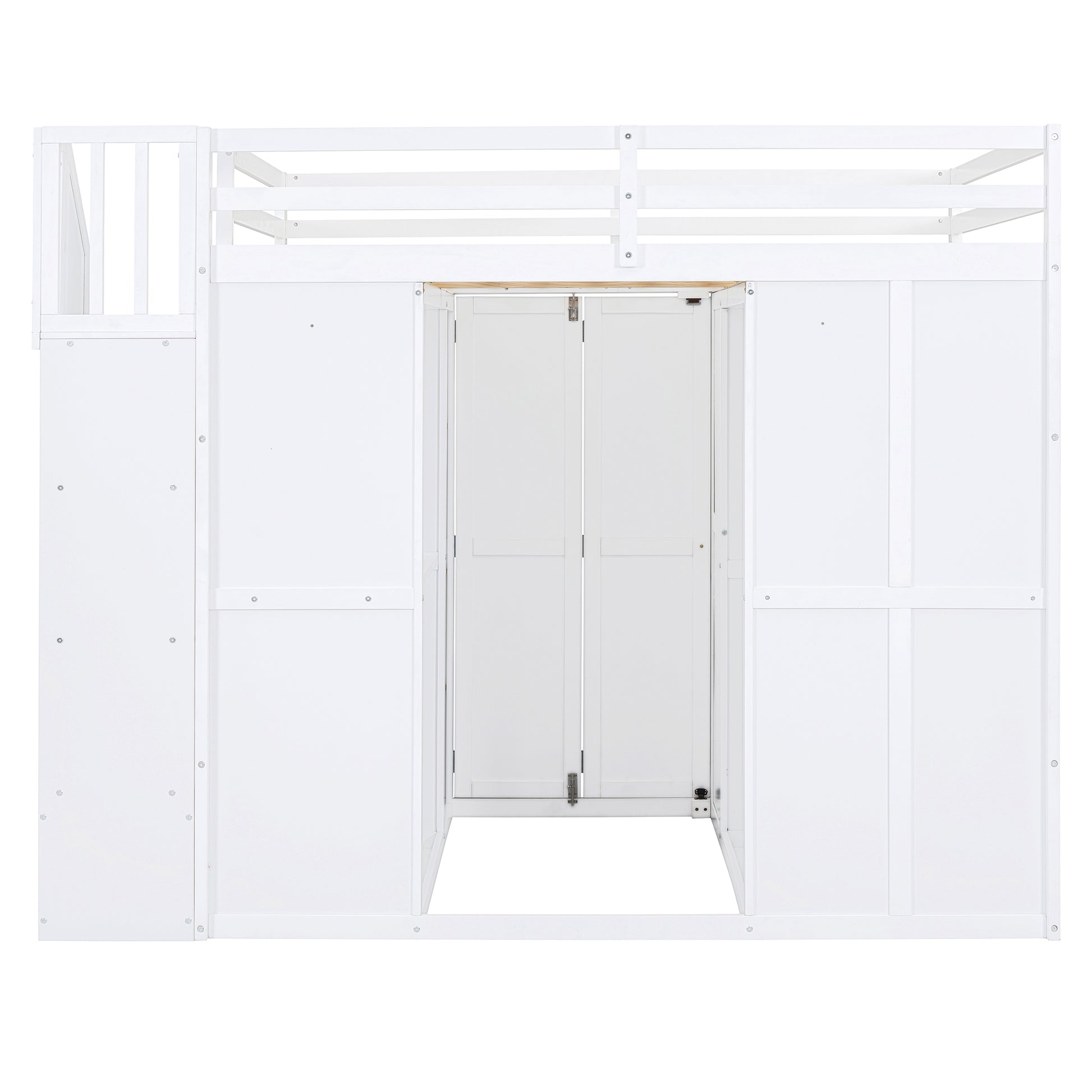 Full Size Loft Bed With Wardrobe,Desk And Shelves,White White Mdf Lvl