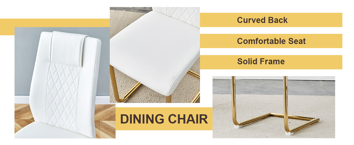 Table And Chair Set.A Modern Minimalist Style Round Clear Tempered Glass Table With Metal Legs.Paried With White Chairs With Modern Pu Leather High Back Upholstered And C Tube Golden Legs. Transparent Seats 6 Glass