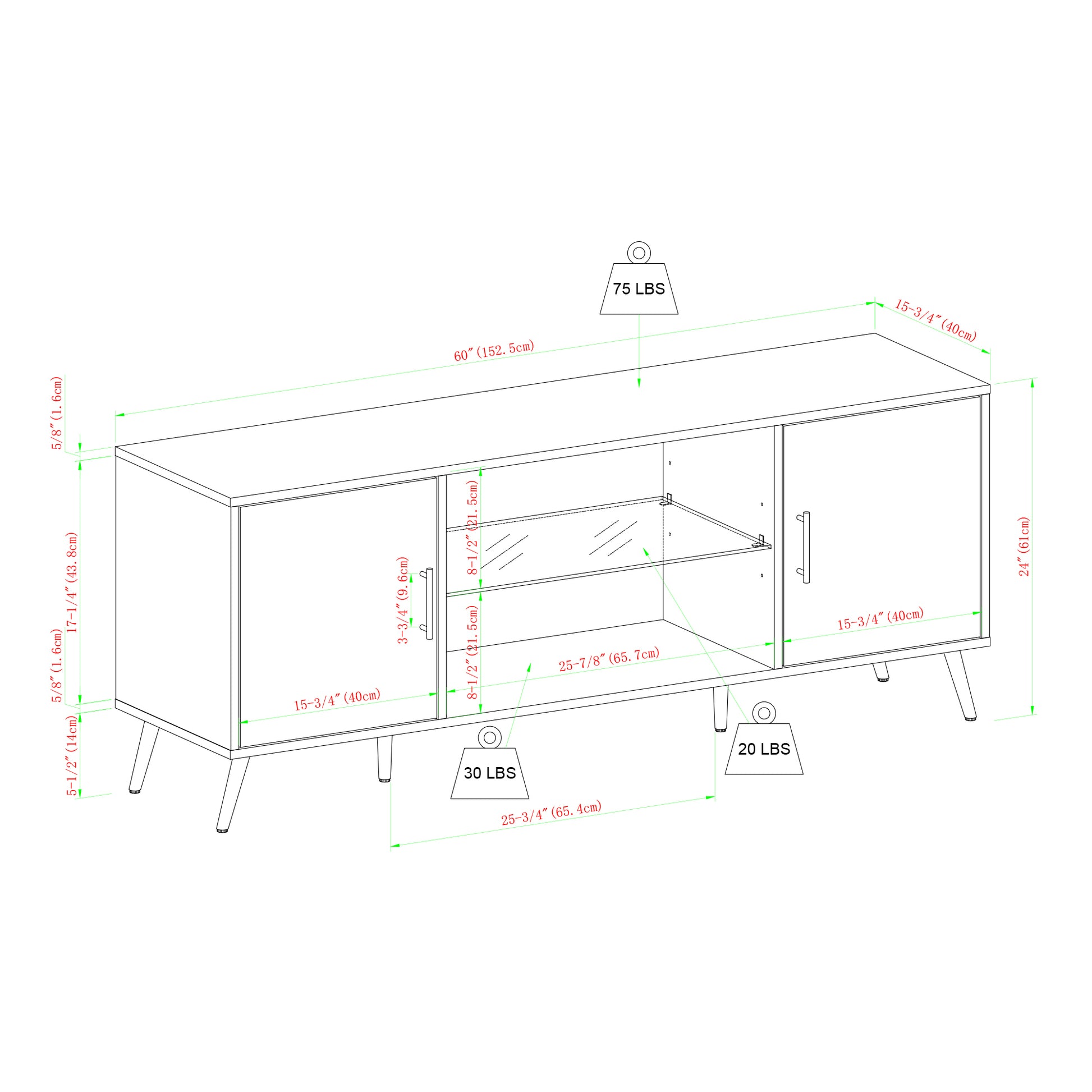 Mid Century Modern 2 Door 60" Tv Stand For 65" Tvs With Glass Shelf Dark Walnut Dark Brown Mdf