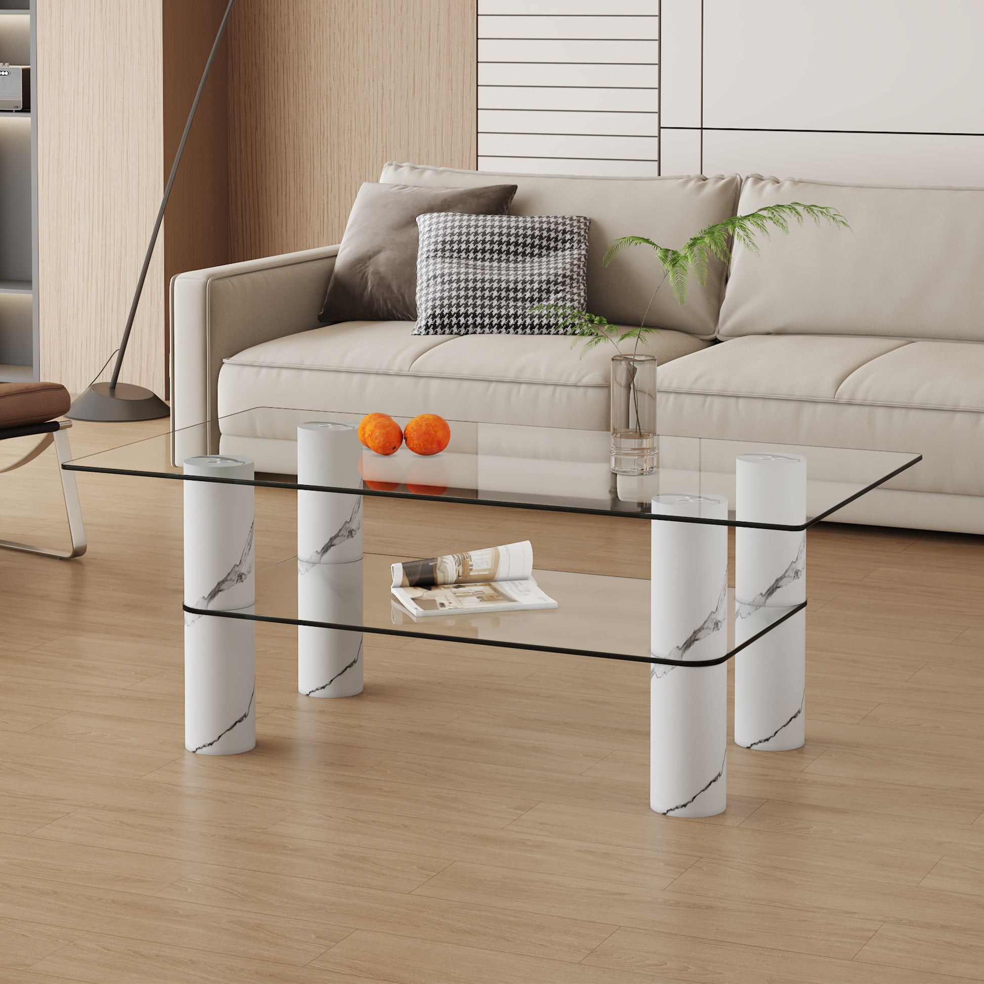 Modern Minimalist Double Layered Transparent Tempered Glass Coffee Table And Coffee Table, Paired With White Mdf Decorative Columns. Computer Desk. Game Table. Ct X02 Transparent Glass