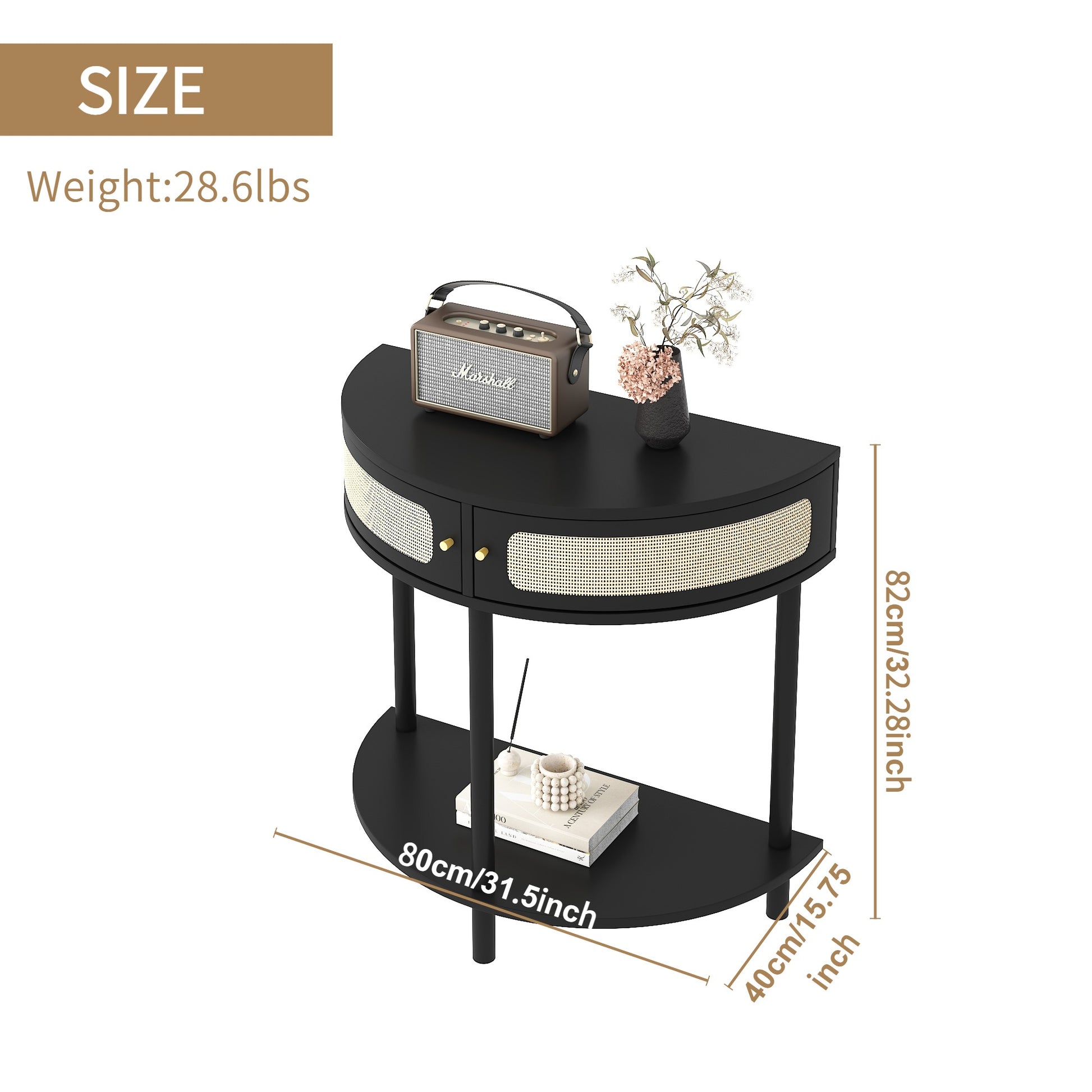 Unique Half Moon Design End Table With Rattan Door,Elegant Semicircle Sofa Side Table With 2 Rattan Storage Cabinet And Bottom Shelf For Living Room, Bedroom Black Primary Living Space Boho Freestanding Semicircular Drawers Coffee & End Tables Polished