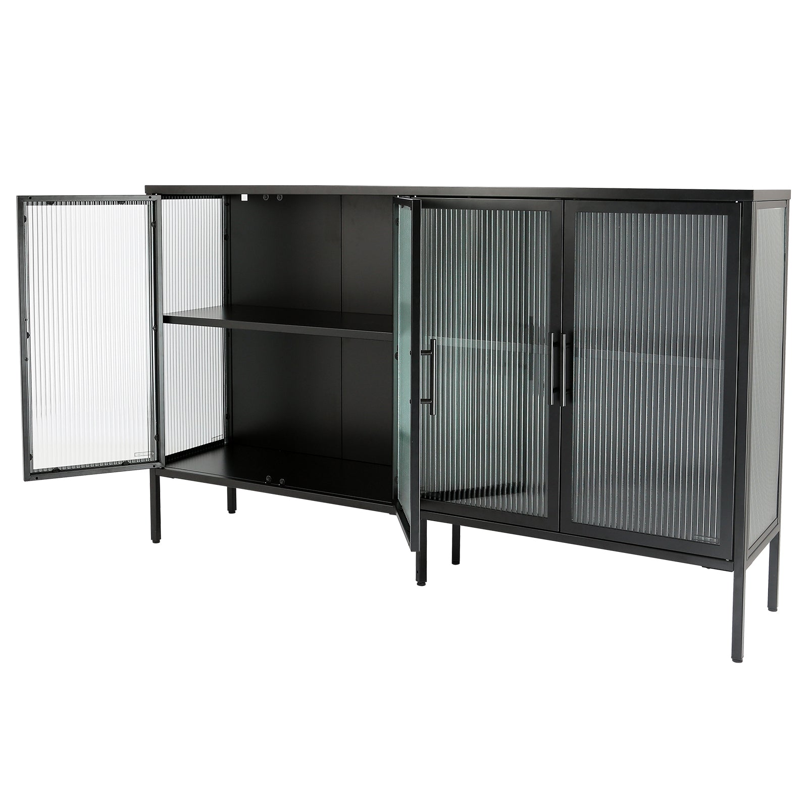 Stylish 4 Door Tempered Glass Cabinet With 4 Glass Doors Adjustable Shelf And Feet Anti Tip Dust Free Fluted Glass Kitchen Credenza Black Black Tempered Glass Sheet Metal Plastic