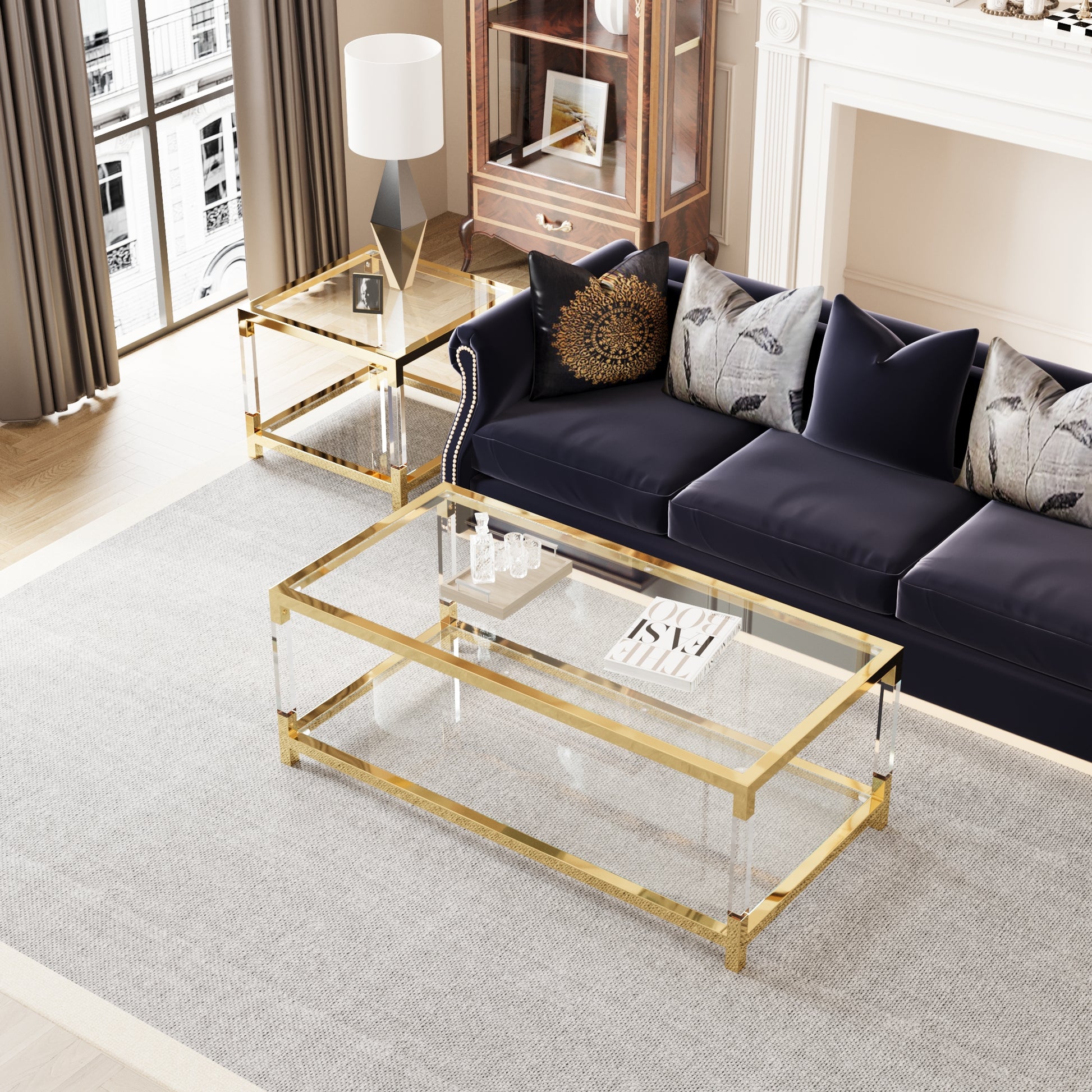 Modern Minimalist Living Room Furniture Set, Stylish Transparent Acrylic Leg Coffee Table, Square Edge Table, Tempered Glass Face Tea Table Combination Gold End Table Golden,Transparent Glass Acrylic