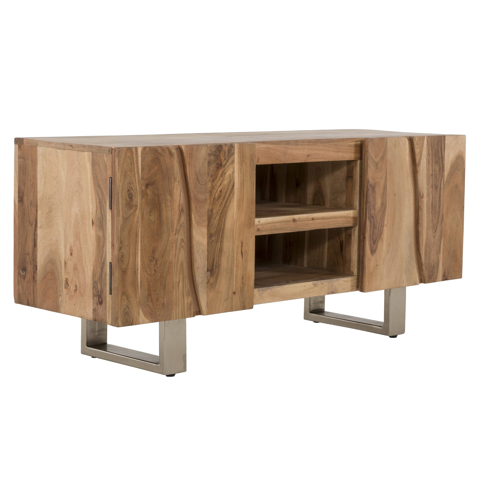 53 In. Solid Acacia Wood Tv Stand Media Console For Tvs Up To 60 In. With 2 Tier Shelf And 2 Storage Cabinet, Brown Brown Brown Primary Living Space 60 Inches 50 59 Inches Mid Century Modern Acacia 60 Inches Metal Acacia Wood