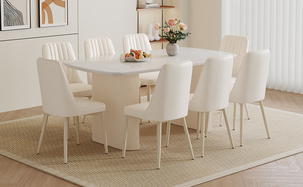 Table And Chair Set.67*35.4 Cream Style Mdf White Dining Table Set With 8 Cream Style Chairs.Adding A Warm And Gentle Atmosphere To Your Family.Creating A Comfortable And Friendly Dining