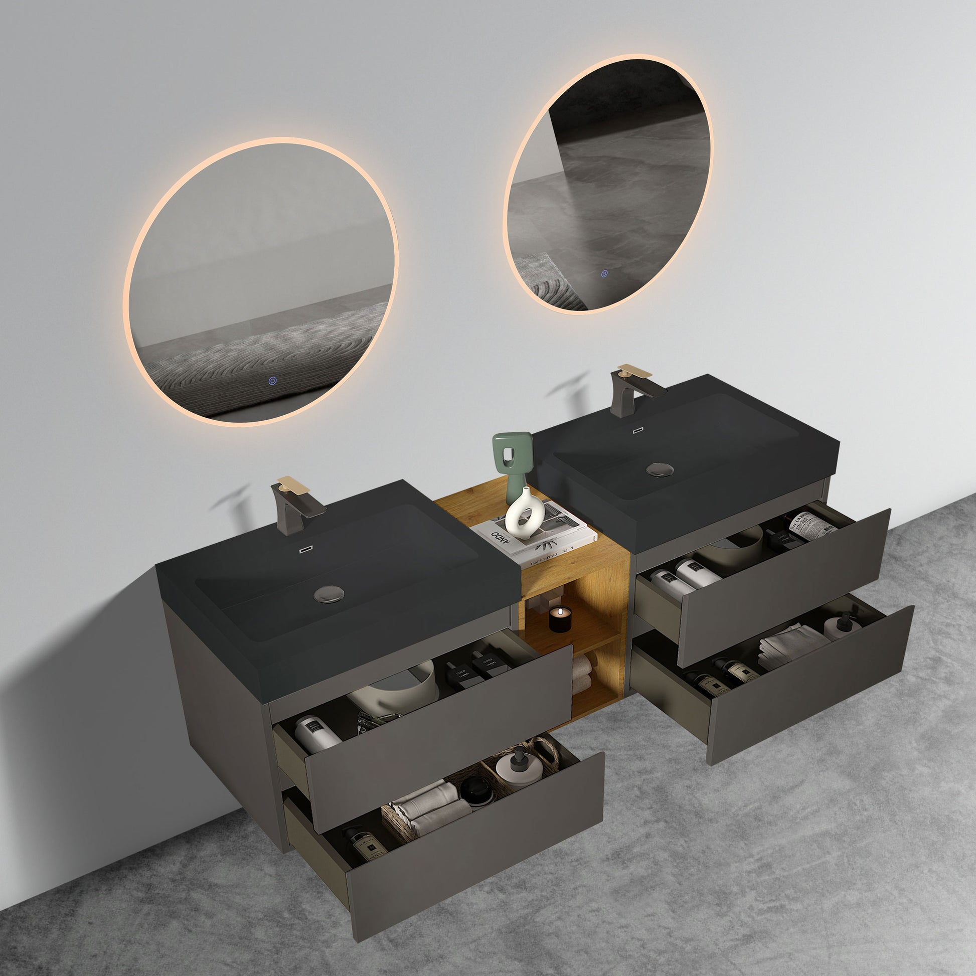 U096 Alice72W 102 Alice 72" Space Gray Bathroom Vanity With Double Sinks And Open Shelf, Modern Wall Mounted Floating Bathroom Vanity, One Piece Sink Basin Without Drain And Faucet Light Gray Bathroom Modern Engineered Wood