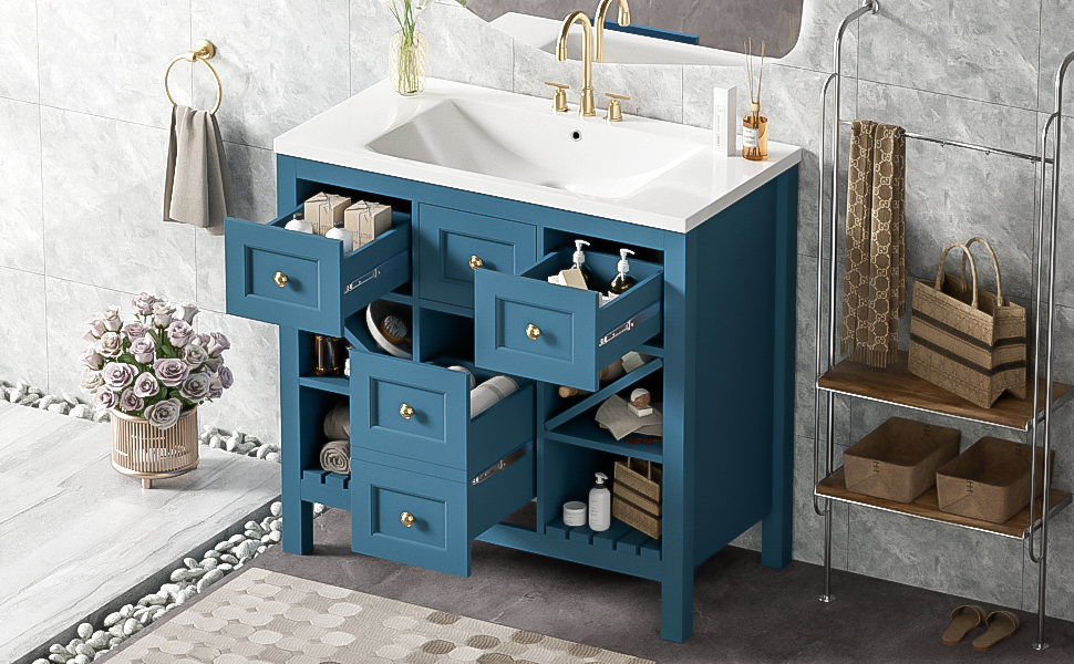 36'' Bathroom Vanity With Resin Sink Combo, Solid Wood Frame Bathroom Storage Cabinet, Freestanding Vanity Set With 5 Drawers& Soft Closing Doors Same As Sw000141Aam Blue Bathroom Solid Wood Mdf Resin