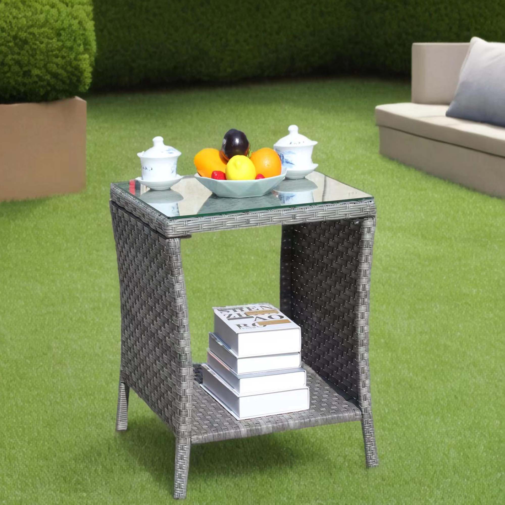 Outdoor Patio Furniture 1 Coffee Table With Clear Tempered Glass Grey Pe Rattan Iron