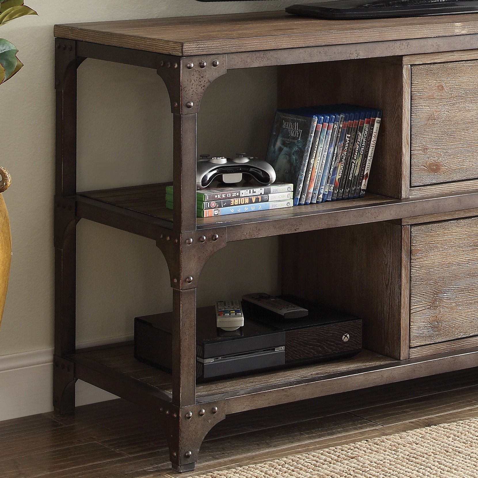 Weathered Oak And Antique Silver 4 Shelf Tv Stand Oak Silver 55 Inches Primary Living Space 50 59 Inches Modern 55 Inches Pine Wood