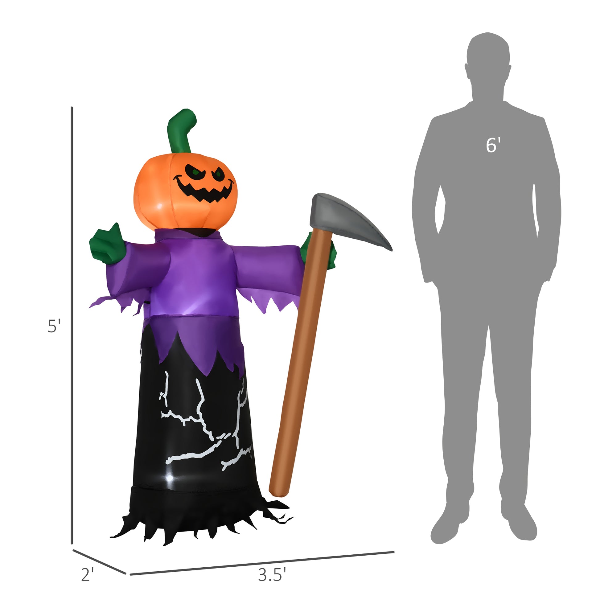Outsunny 5' Inflatable Halloween Pumpkin Grim Reaper, Blow Up Outdoor Led Yard Display, Waterproof Purple Polyester