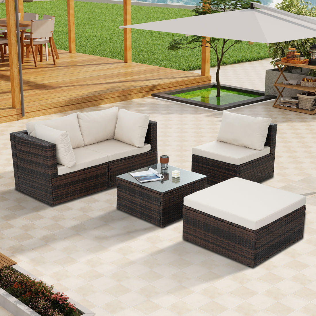 Patio Furniture, Outdoor Furniture, Seasonal Pe Wicker Furniture, 5 Set Wicker Furniture With Tempered Glass Coffee Table Brown Seats 4 Pe Rattan Iron Waterproof Fabric