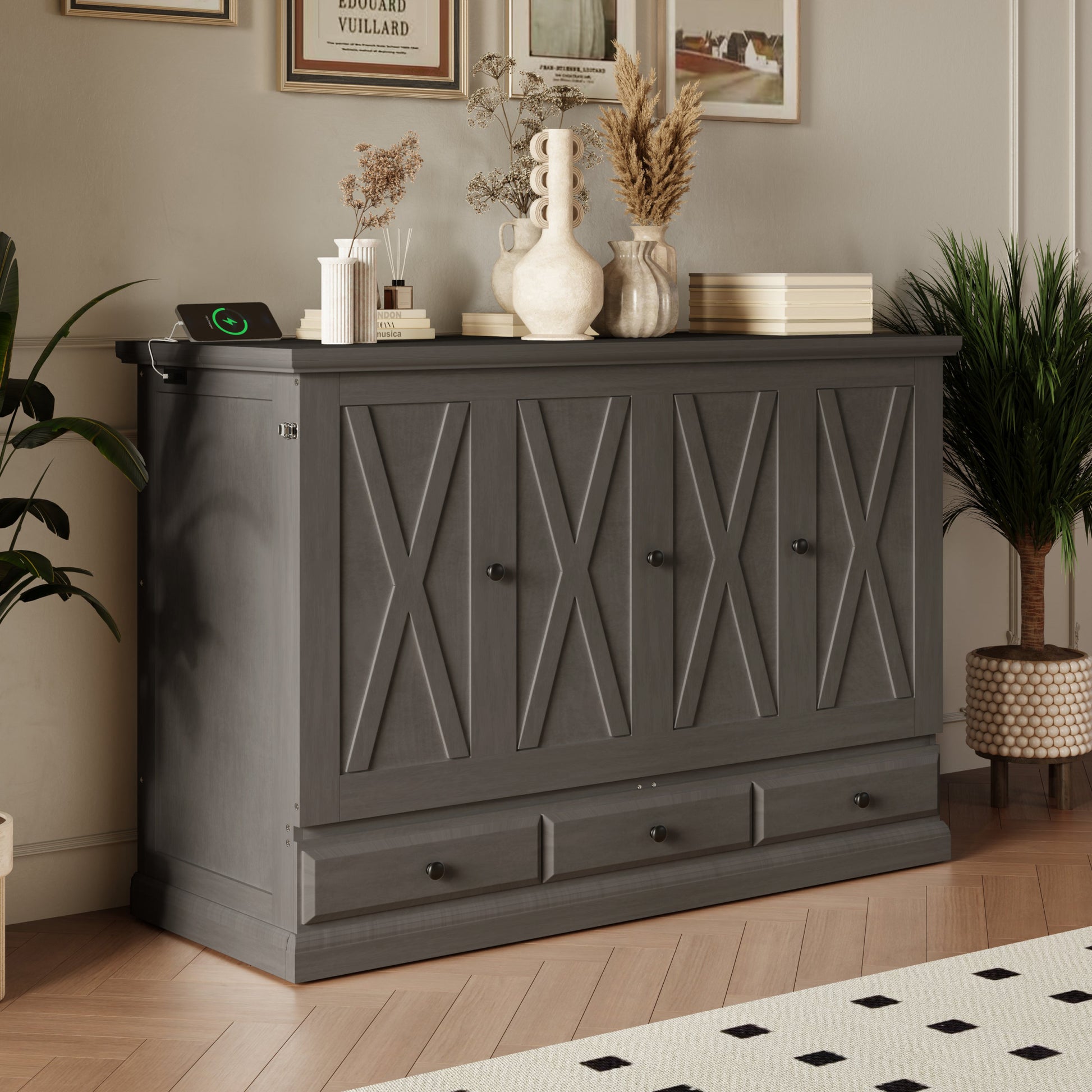 Solid Pine Murphy Bed Chest Cube Cabinet Bed With Charging Station And Large Storage Drawer For Home Office Or Small Room,Full,Gray Box Spring Not Required Full Gray Wood Gray Pine Murphy Solid Wood Mdf