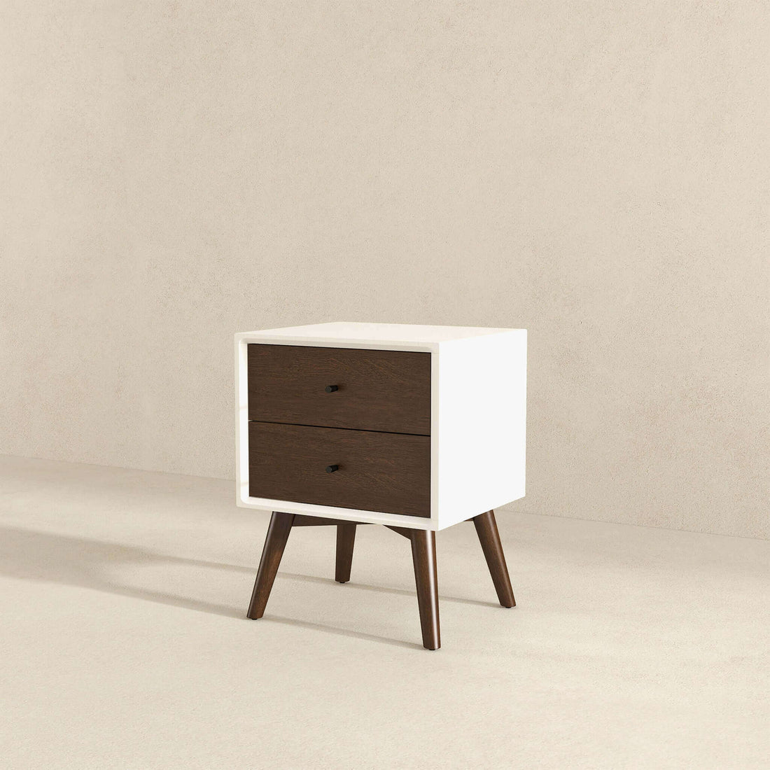 Caroline Mid Century Modern Style White Night Stand 2 Drawer Dark Brown,White Brown 2 Drawers Bedroom With Legs Walnut Solid Wood Walnut Solid Wood