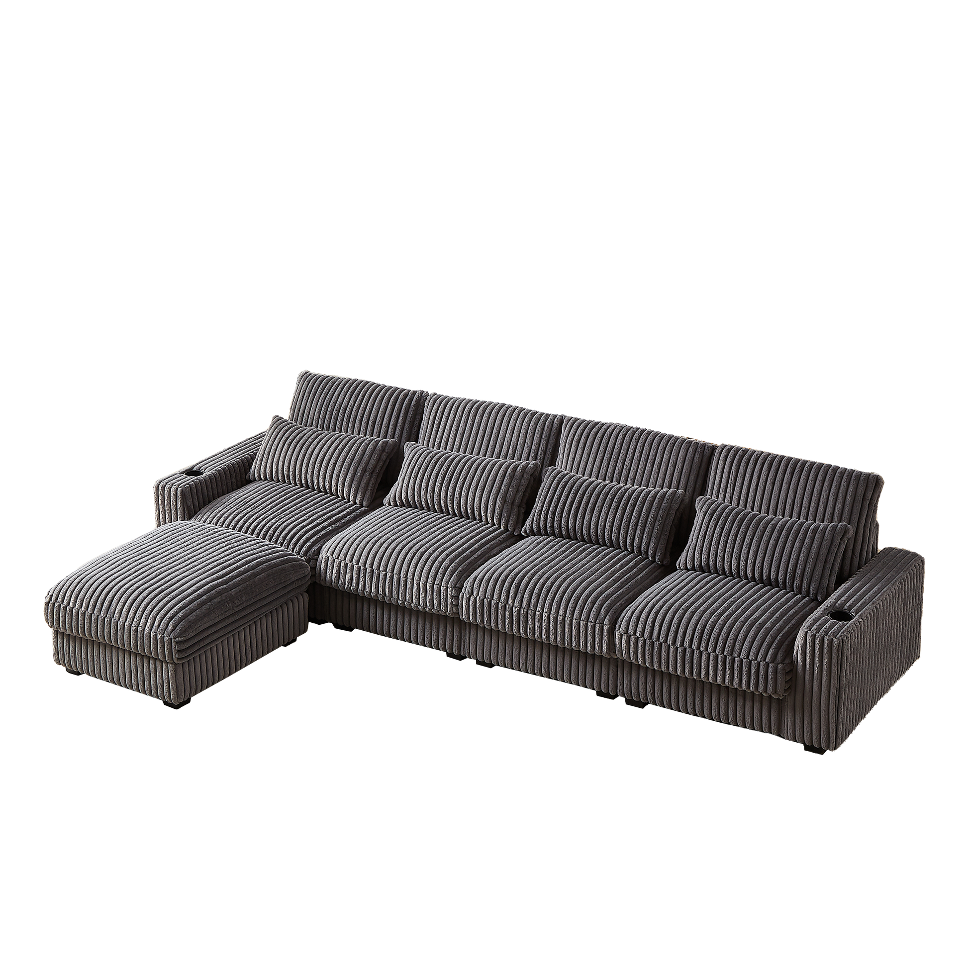 128 Inch Corduroy With Cup Holder Super Large L Shaped Sofa, Movable Footrest, Four Waist Pillows And Four Back Cushion, With Usb Port And T Pyce Port Grey Corduroy 4 Seat