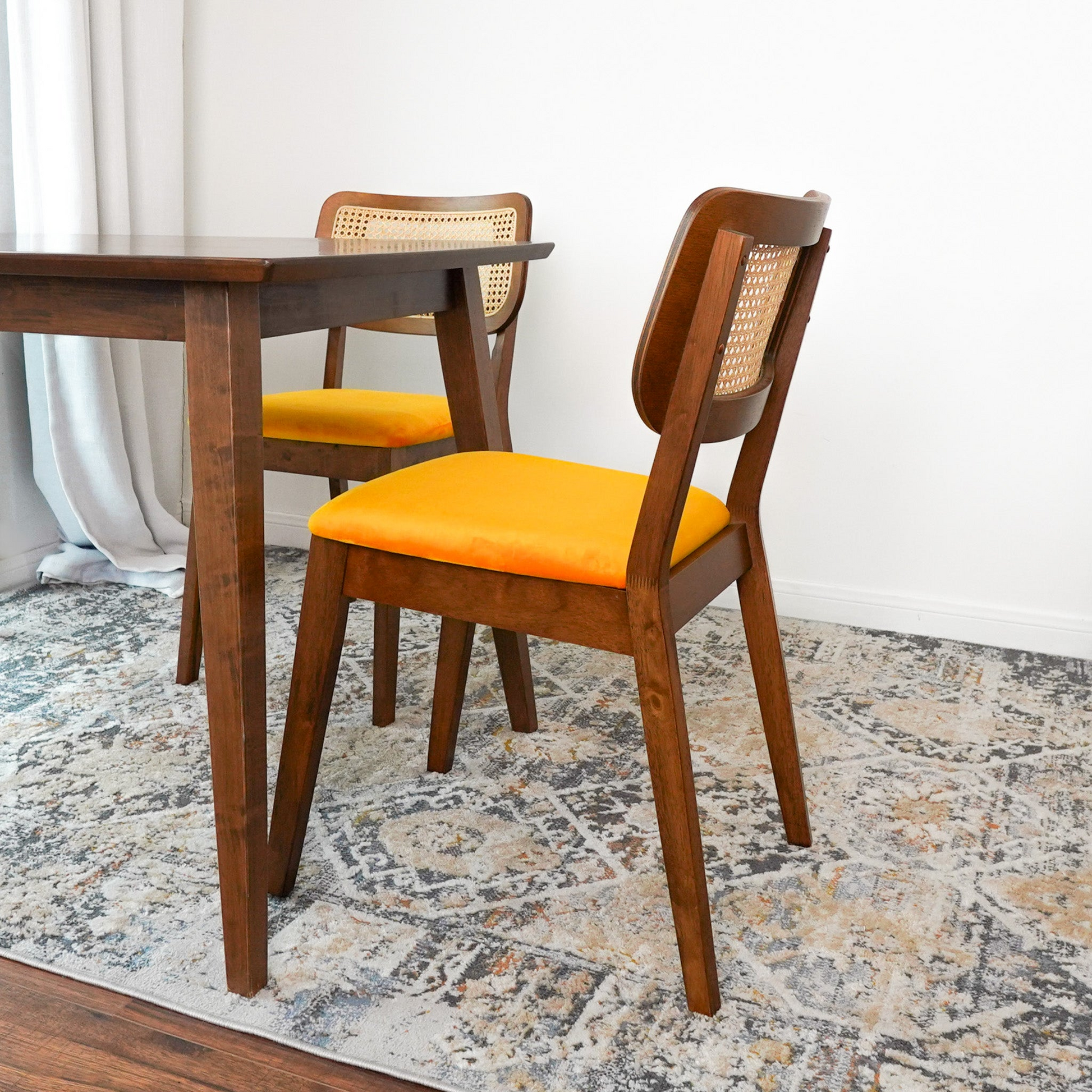 Kaden Orange Velvet Dining Chair Set Of 2 Solid Brown,Light Brown,Rustic,Yellow Brown Dining Room Foam Wipe Clean Mid Century Modern Dining Chairs 1 Foam Solid Wood,Velvet,Wicker