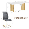 Table And Chair Set.The Table Has A Glass Tabletop With Imitation Marble Pattern Stickers And Stainless Steel Golden Table Legs. Paried With Comfortable Chairs With Pu Seats And Metal Legs. White Gold Seats 6 Glass Metal