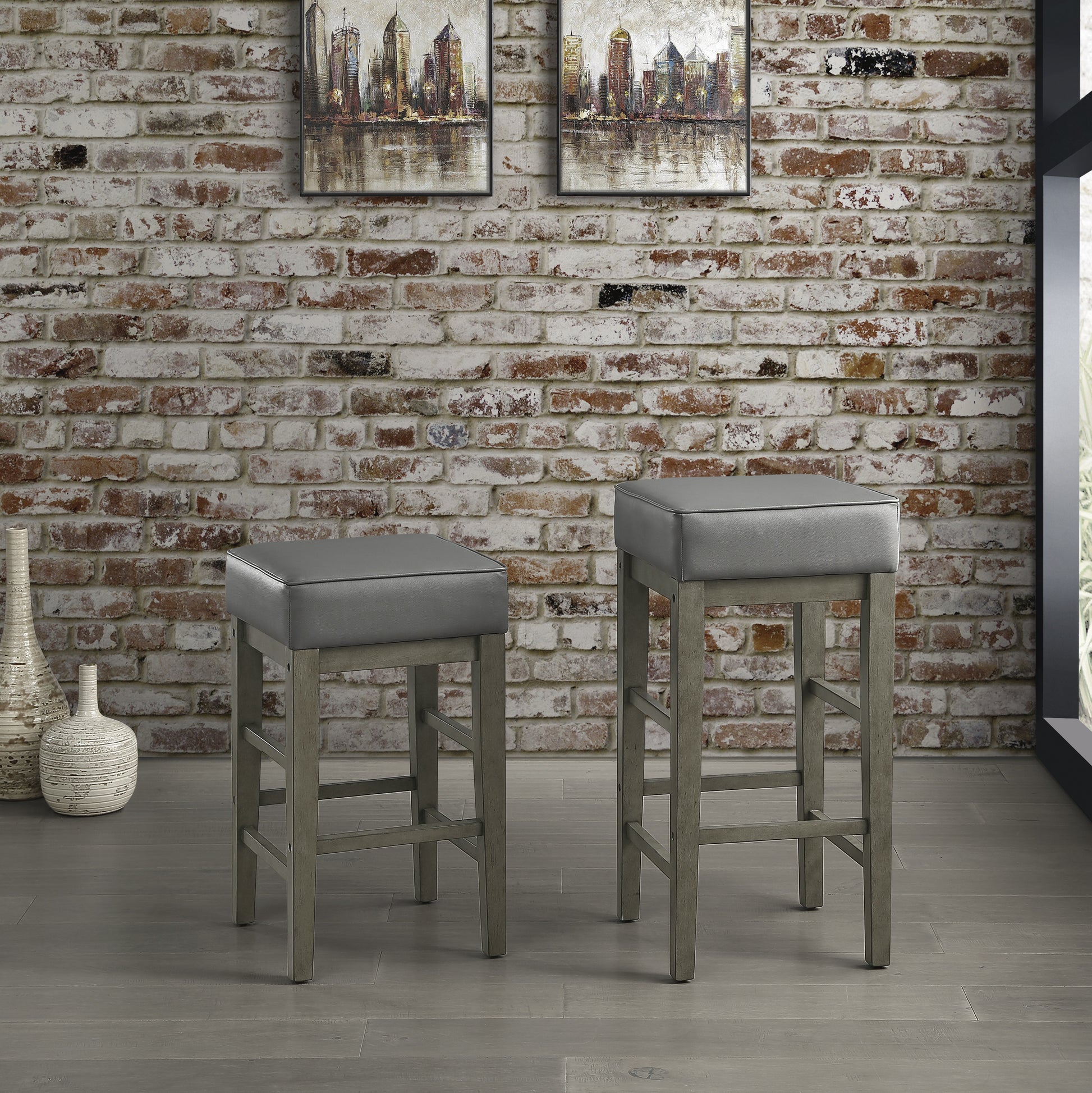 Transitional Gray Faux Leather Seat 29 Inch Pub Height Stools Set Of 2, Antique Gray Finish Solid Wood Frame Antique Gray,Gray Gray Dining Room Transitional Solid Wood