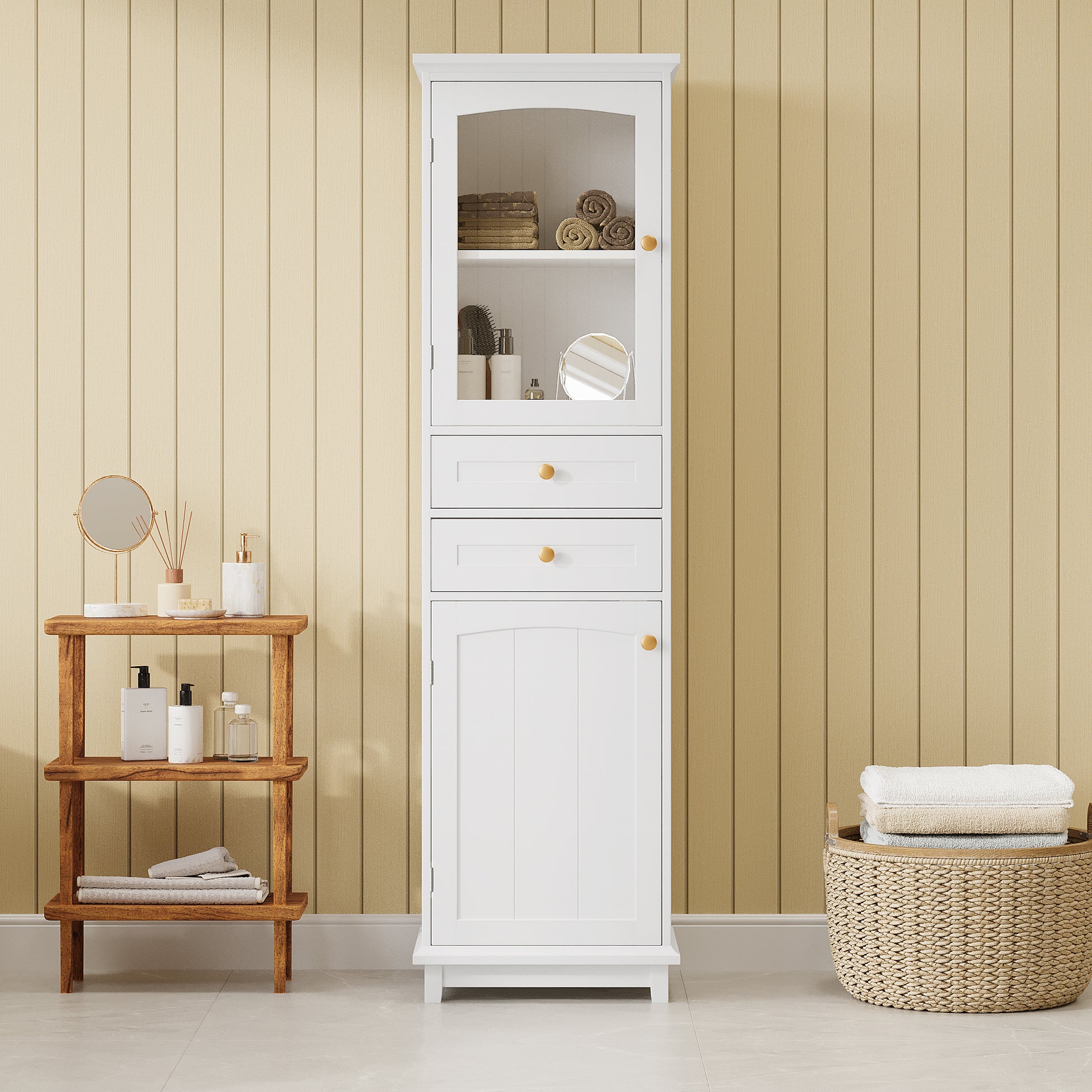 Tall Bathroom Storage Cabinet With Glass Doors, Free Standing, Two Drawers, And Adjustable Shelves, Mdf Board, Painted White Perfect For Displaying Your Favorite Items 2 White 2 4 Adjustable Shelves Bathroom Freestanding Partice Board Mdf Pine Wood