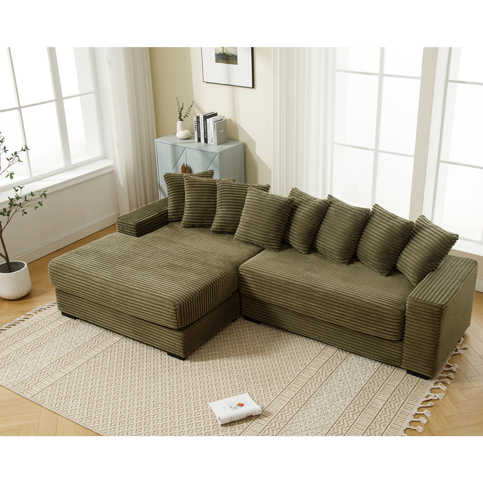 Arrived Oversized Two Piece Couches, L Shaped Sofa, Corduroy, Left Chaise Daybed,With Armrests,Eight Throw Pillows,Corner Sofa,Easy To Assemble, Green Green Polyester Wood Primary Living Space Medium Soft Pillow Back Modern Square Arms Wood 3 Seat