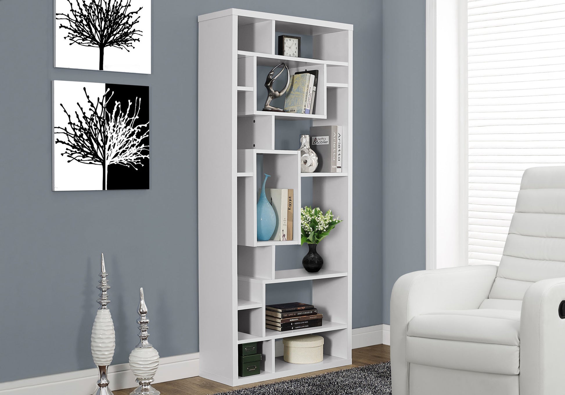 Bookshelf, Bookcase, Etagere, 72"H, Office, Bedroom, White Laminate, Contemporary, Modern White Particle Board