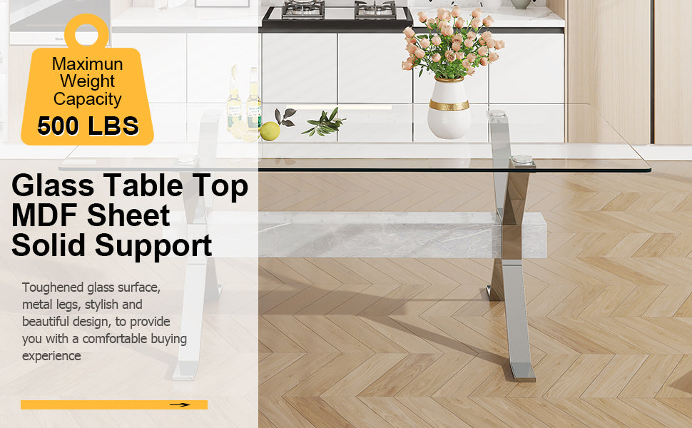 Dining Table. Modern Tempered Glass Dining Table. Large Modern Office Desk With Silver Plated Metal Legs And Mdf Crossbars, Suitable For Both Home And Office Use. Kitchen. 71 ''X35.4''X30 '' 1105 Transparent Glass