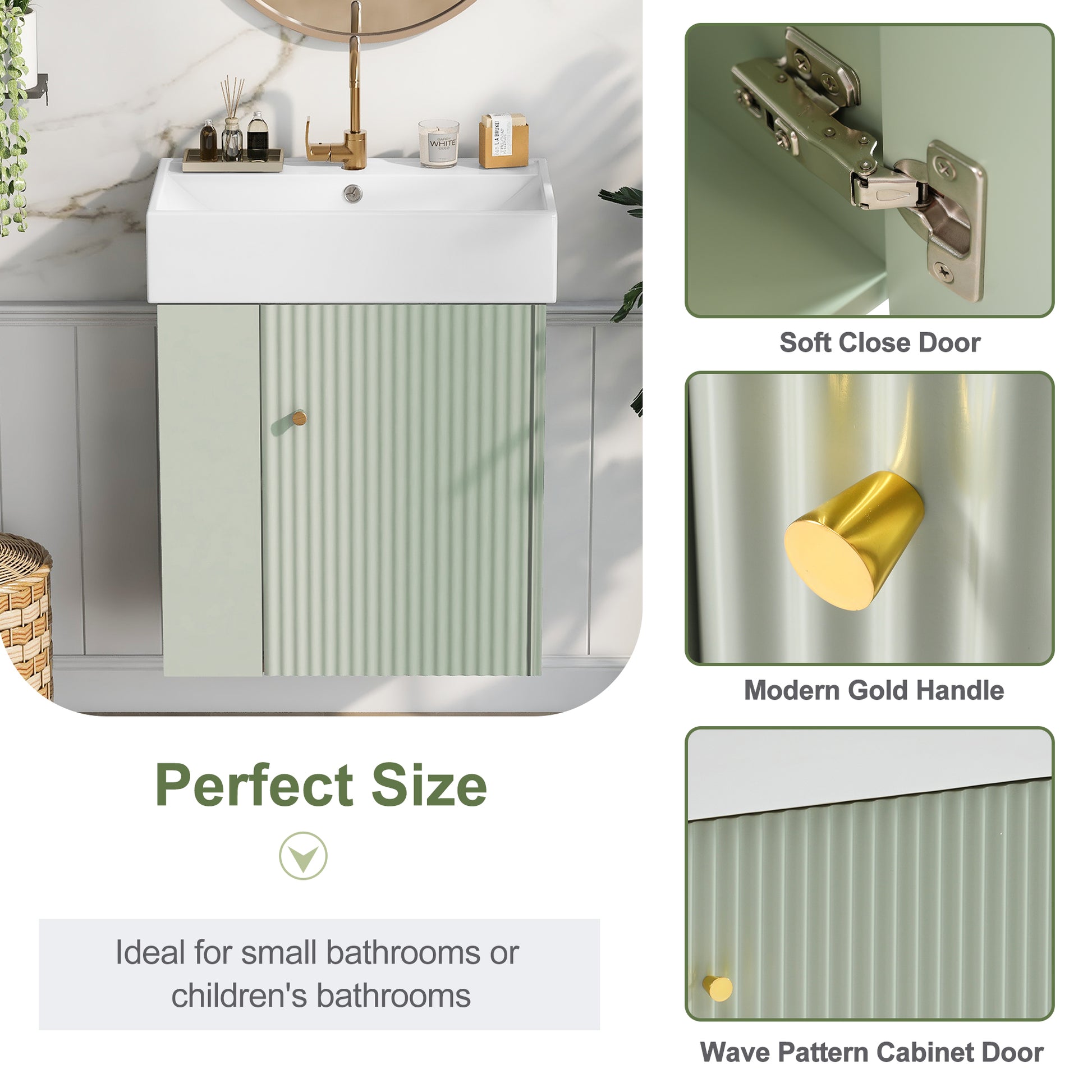 Video 21.6 Inch Modern Floating Bathroom Vanity With Ceramic Basin Perfect For Small Bathrooms, Left Side Storage Green Bathroom Ceramic Mdf