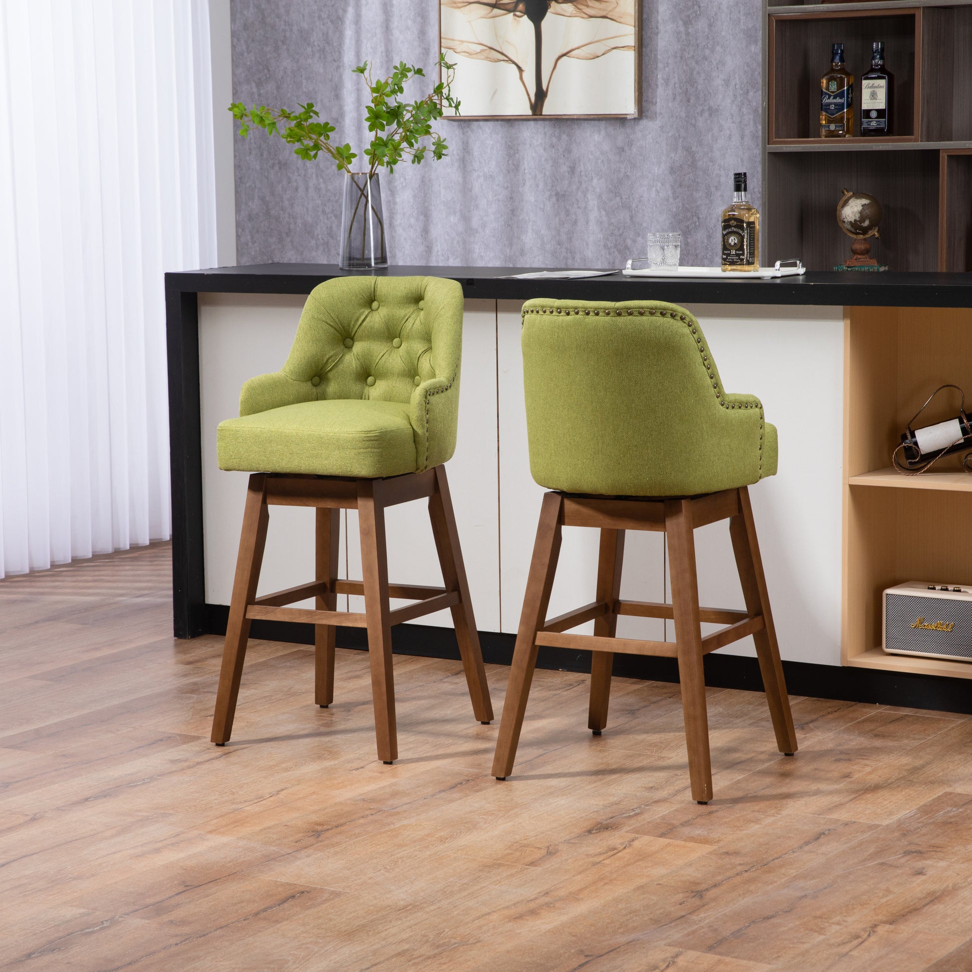 Coolmore Bar Stools Set Of 2 Counter Height Chairs With Footrest For Kitchen, Dining Room And 360 Degree Solid Wood Legs Swivel Bar Stools Set Of 2 Olive Linen Olive Foam Linen