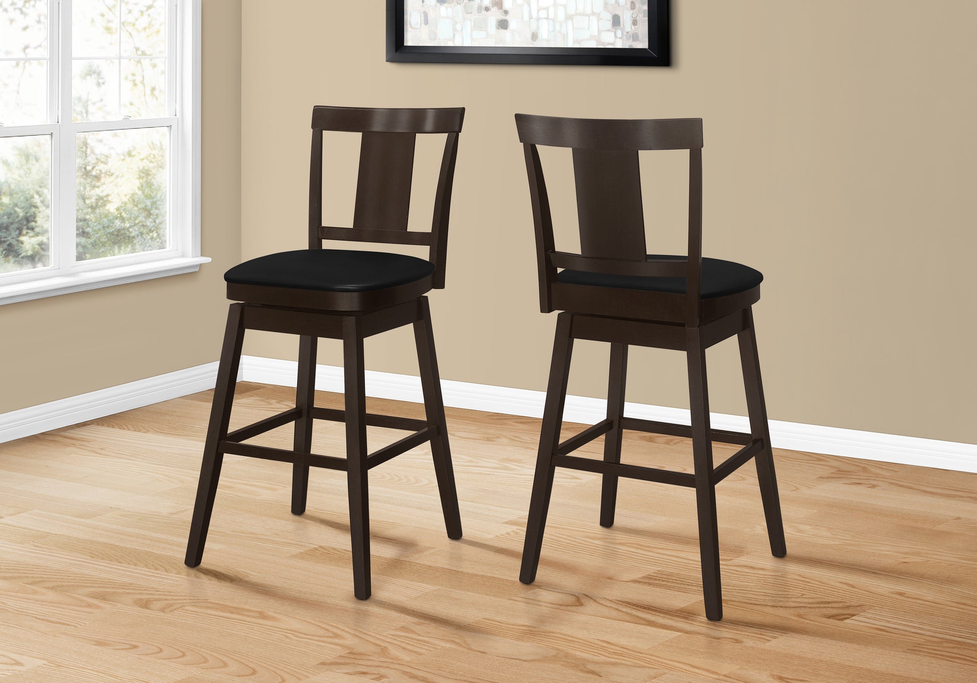 Bar Stool, Set Of 2, Swivel, Bar Height, Brown Wood, Black Leather Look, Transitional Espresso Foam Solid Wood