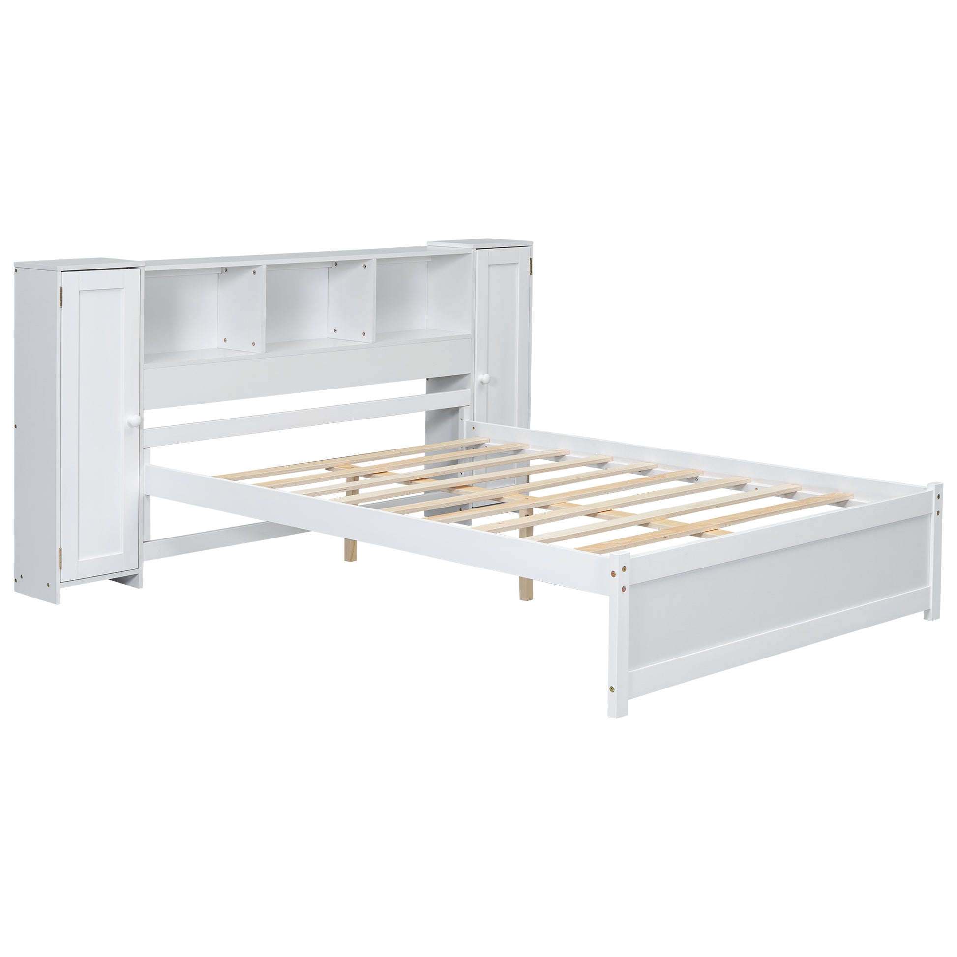 Full Size Platform Bed With Storage Headboard And Lockers, White Full Box Spring Not Required White Wood Bedroom Solid Wood Mdf