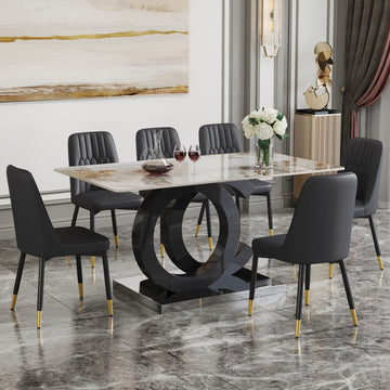 Table And Chair Set.63"X31.5" Marble Pattern Sintered Stone Table With Mdf Oc Shaped Bracket.Paired With 6 Black Chairs With Pu Cushions And Black Metal Legs.Suitable For Kitchen,Dining Room,Etc.