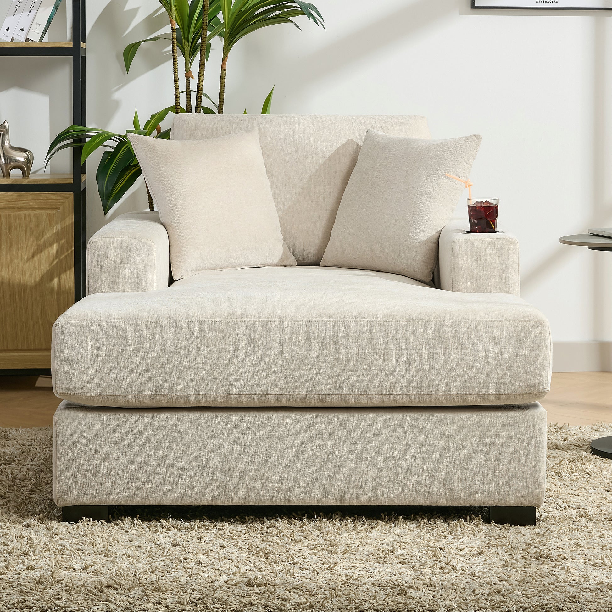 43.5" Oversized Chaise Lounger Modern Style Sofa Couch ,With Pillows, Charge Station & Cup Holders, Chenille Fabric, Cream Cream Chenille