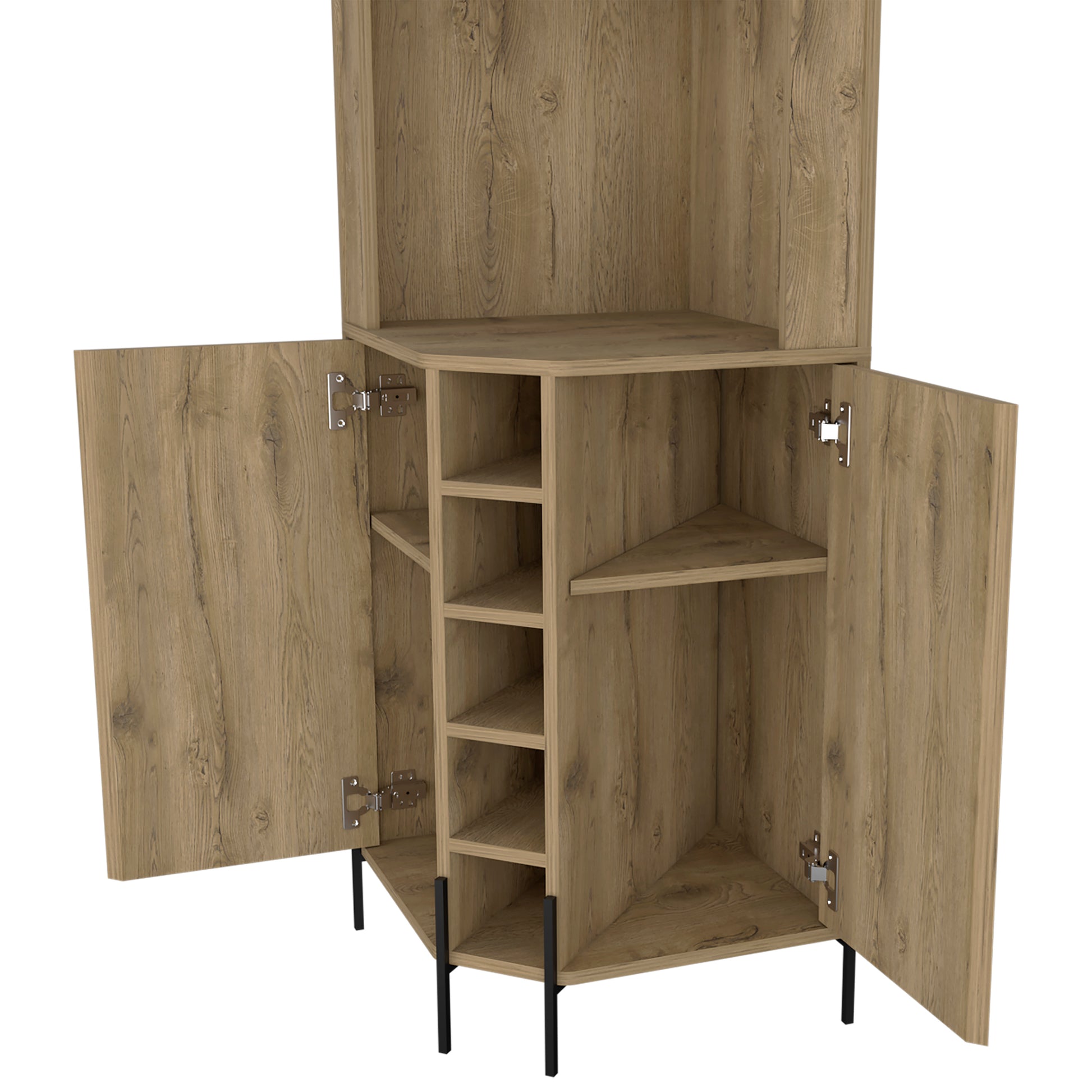 Hans Corner Bar Cabinet, Two Shelves, Five Built In Wine Rack Macadamia Oak Particle Board Particle Board